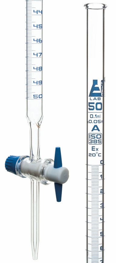 Burettes with straight bore interchangeable PTFE key stopcock, capacity 50ml, Sub. Div. 0.10ml Tolerance ± 0.05ml, class 'A', Blue Graduation, with Individual Work Certificate, TD-27 C. - eiscoindustrial