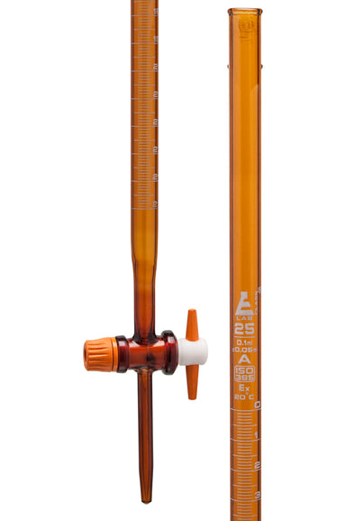 Burettes- Amber- with straight bore interchangeable PTFE key stopcock, capacity 25ml, Sub. Div. 0.10ml Tolerance ± 0.05ml, class 'A', Blue Graduation, with Individual Work Certificate, TD-27  - eiscoindustrial