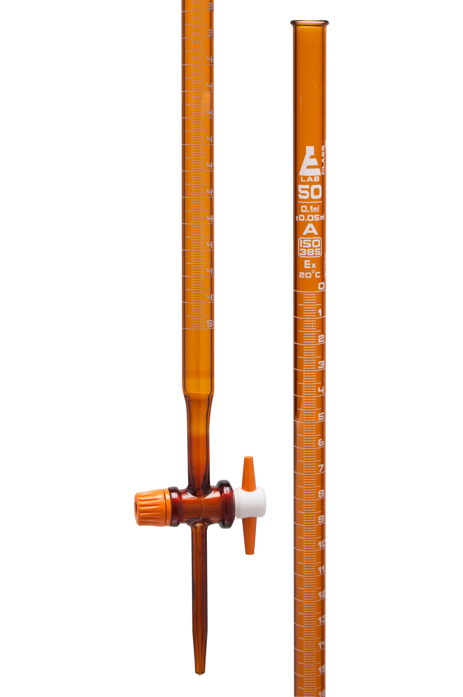 Burettes- Amber- with straight bore interchangeable PTFE key stopcock, capacity 10ml, Sub. Div. 0.05ml Tolerance ± 0.03ml, class 'A', Blue Graduation with Individual Work Certificate, TD-27 C - eiscoindustrial