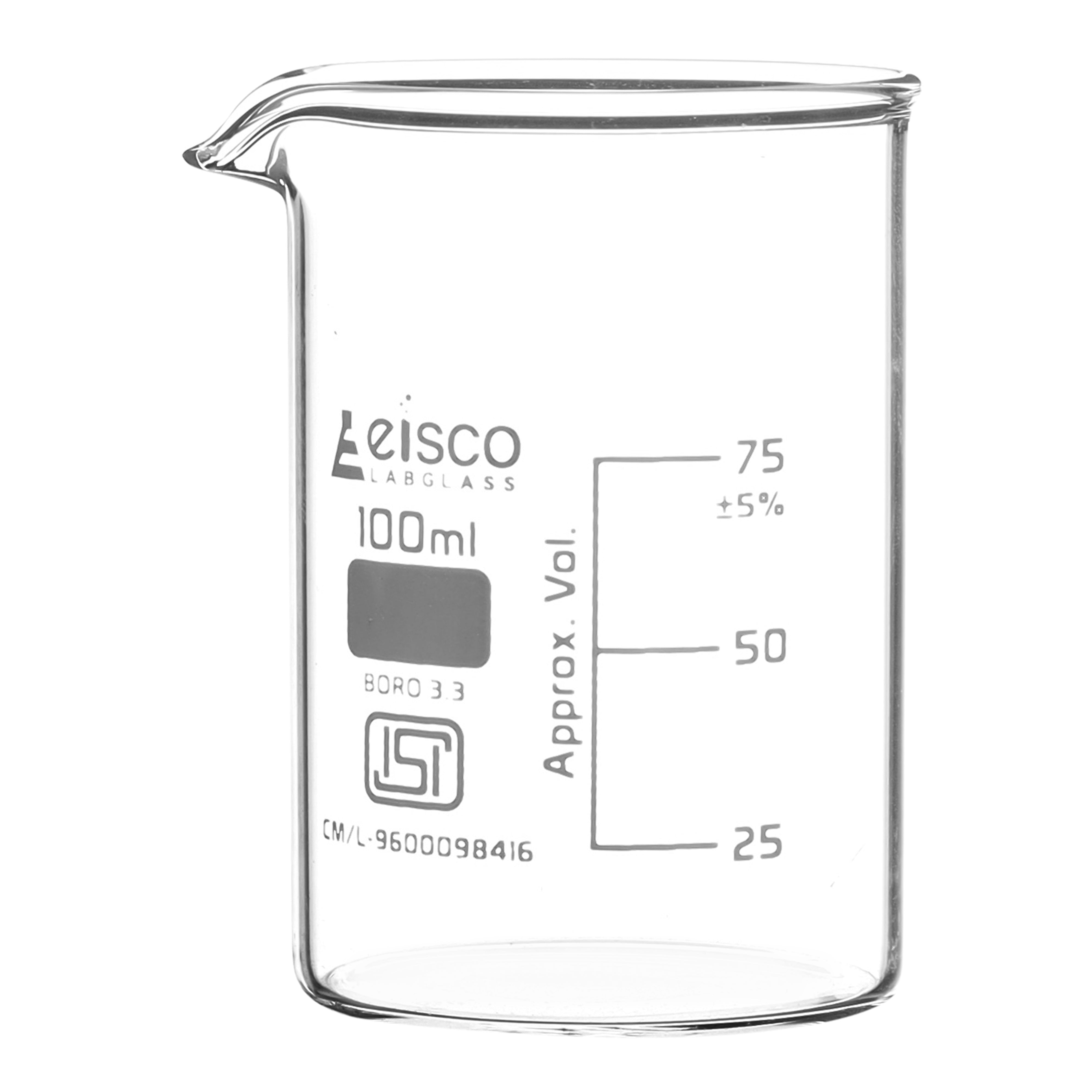 Beaker Low form, with spout made of borosilicate glass, graduated 100 ml ISI