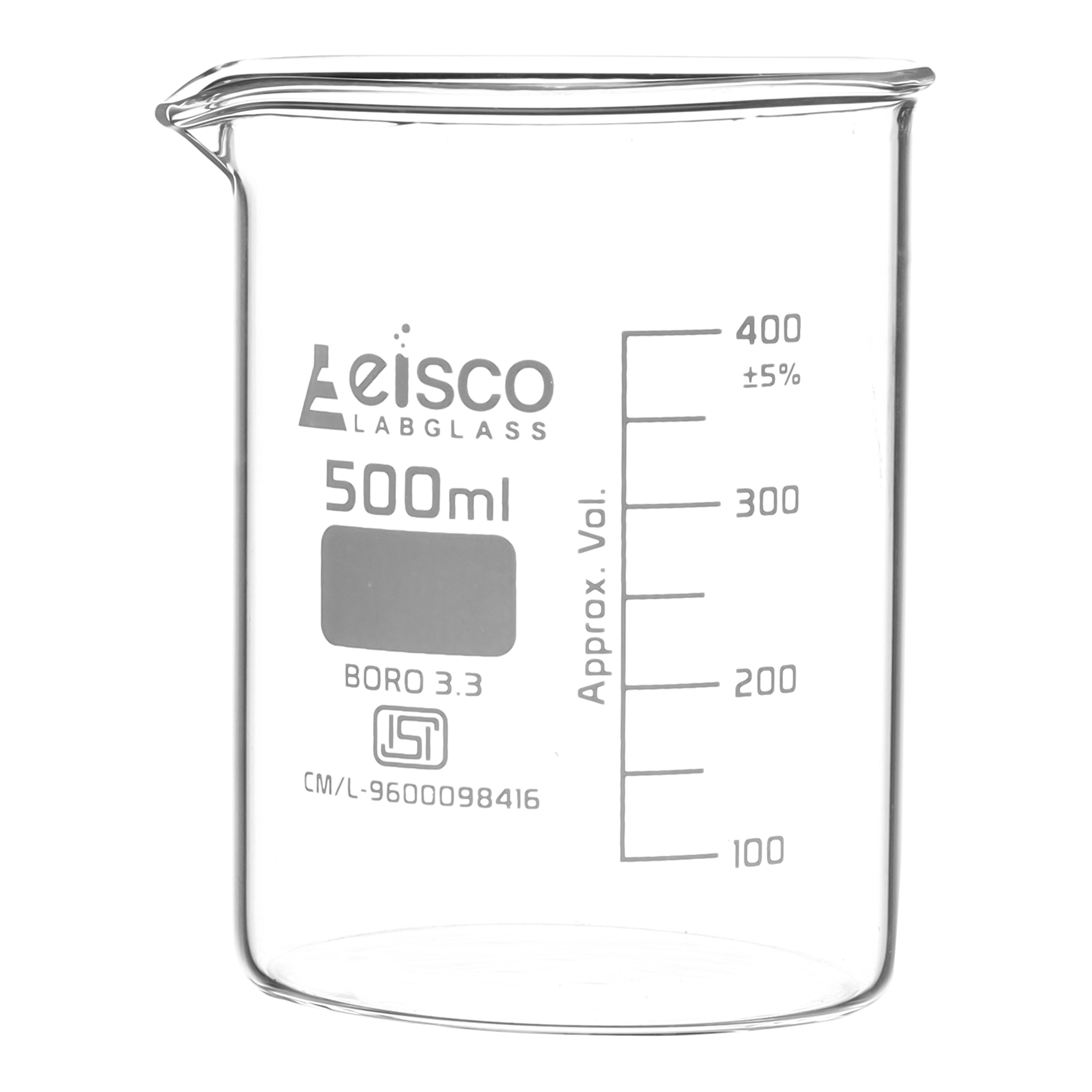 Beaker Low form, with spout made of borosilicate glass, graduated 500 ml ISI