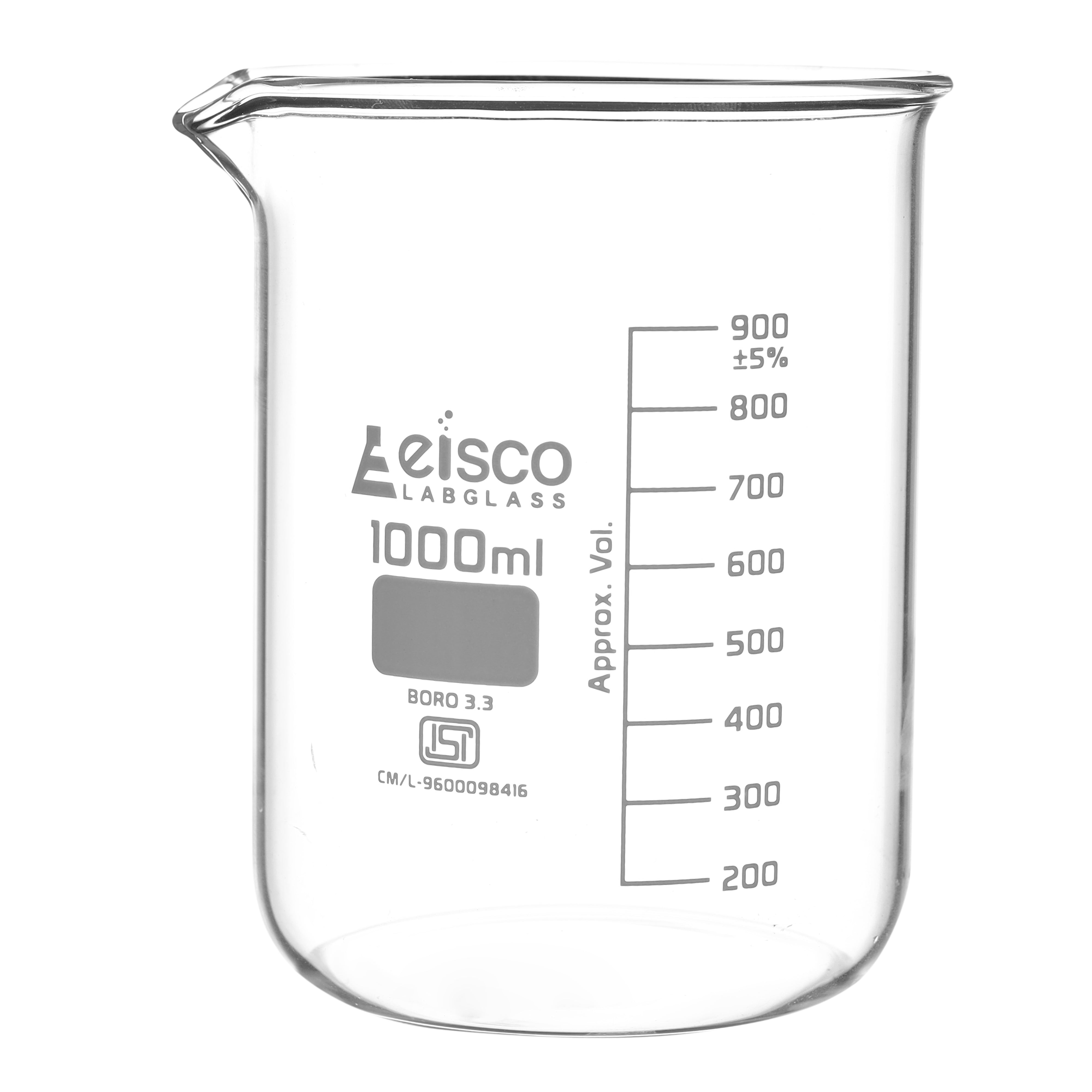 Beaker Low form, with spout made of borosilicate glass, graduated 1000 ml ISI