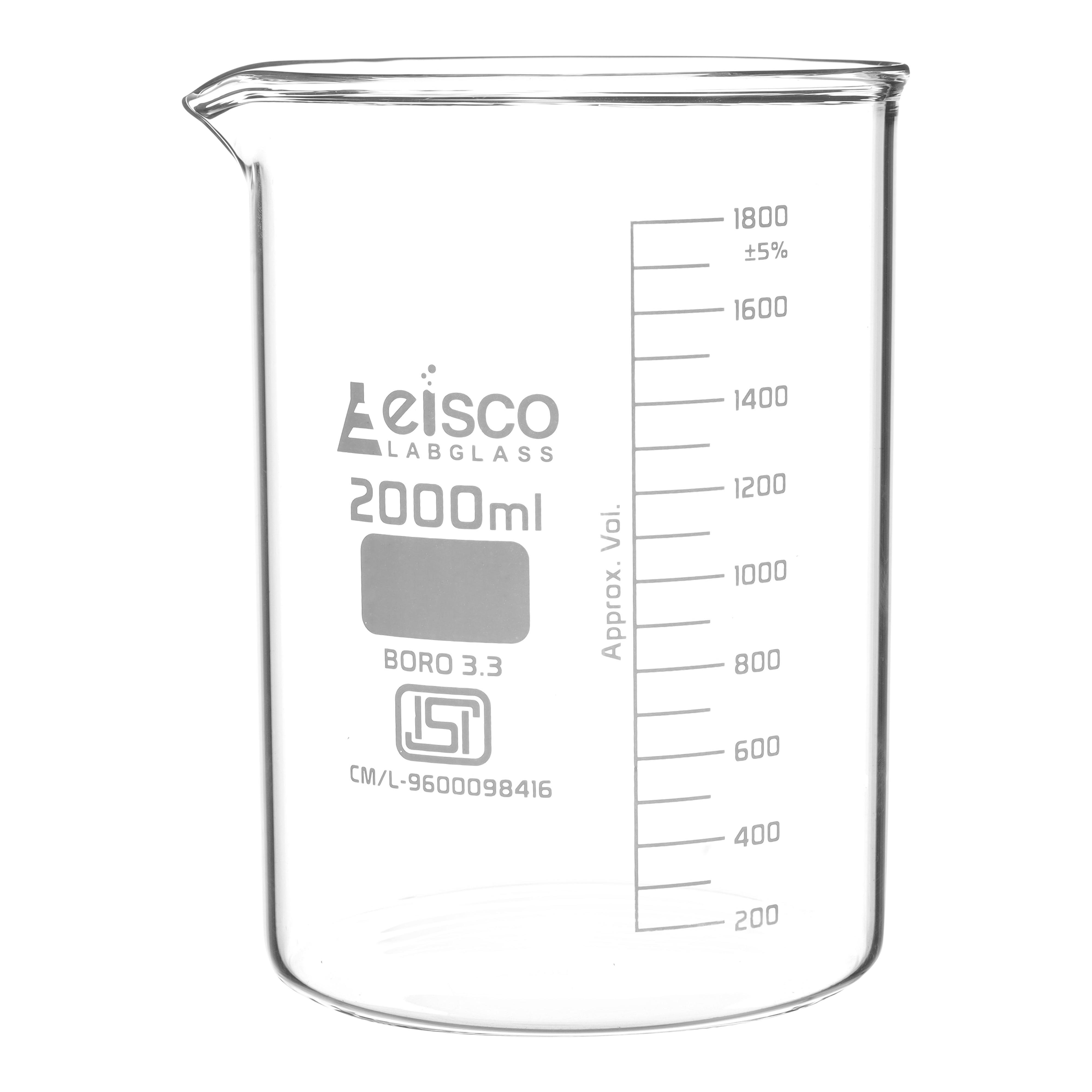 Beaker Low form, with spout made of borosilicate glass, graduated 2000 ml ISI