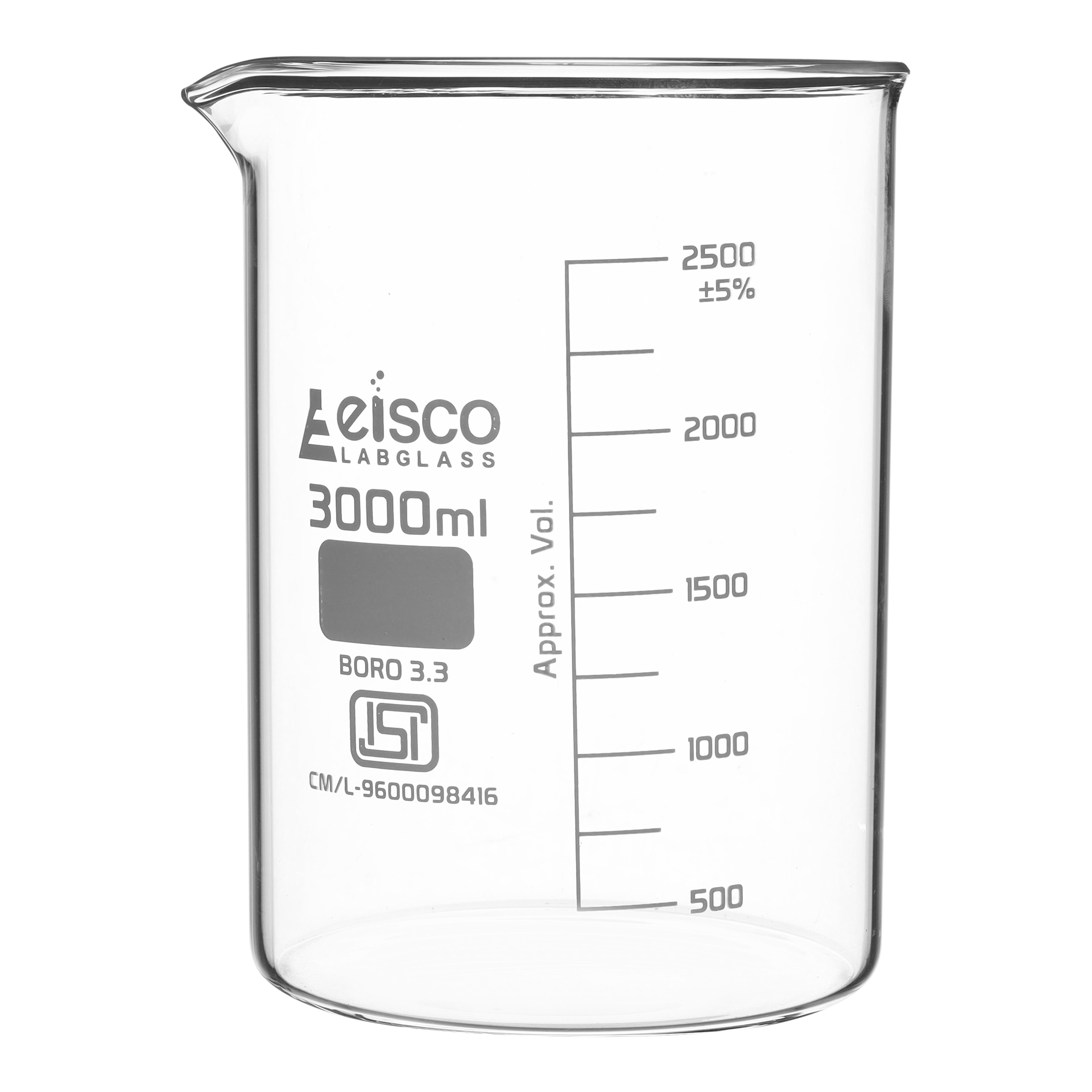 Beaker Low form, with spout made of borosilicate glass, graduated 3000 ml ISI