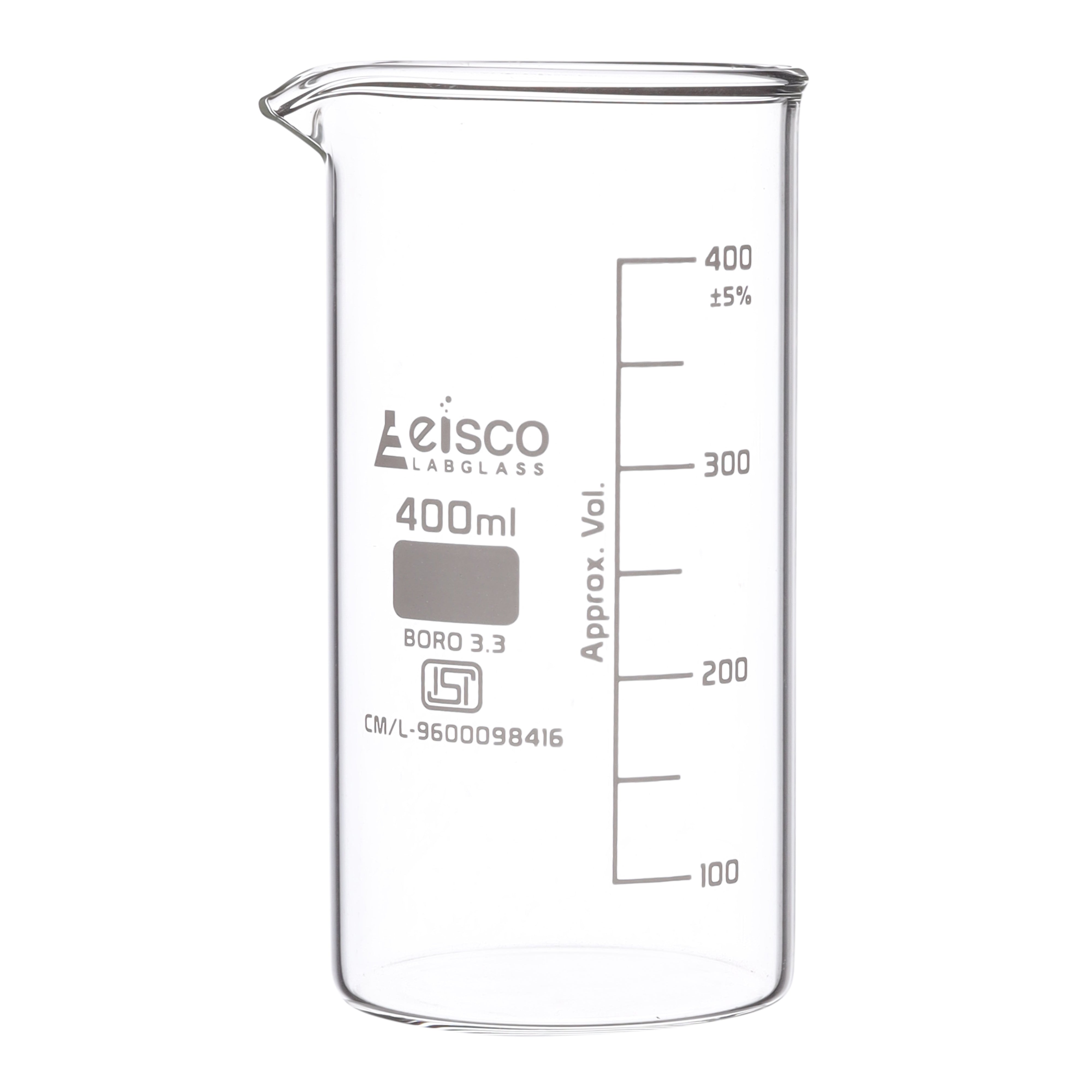 Beaker Tall form, with spout made of borosilicate glass, graduated 400 ml ISI