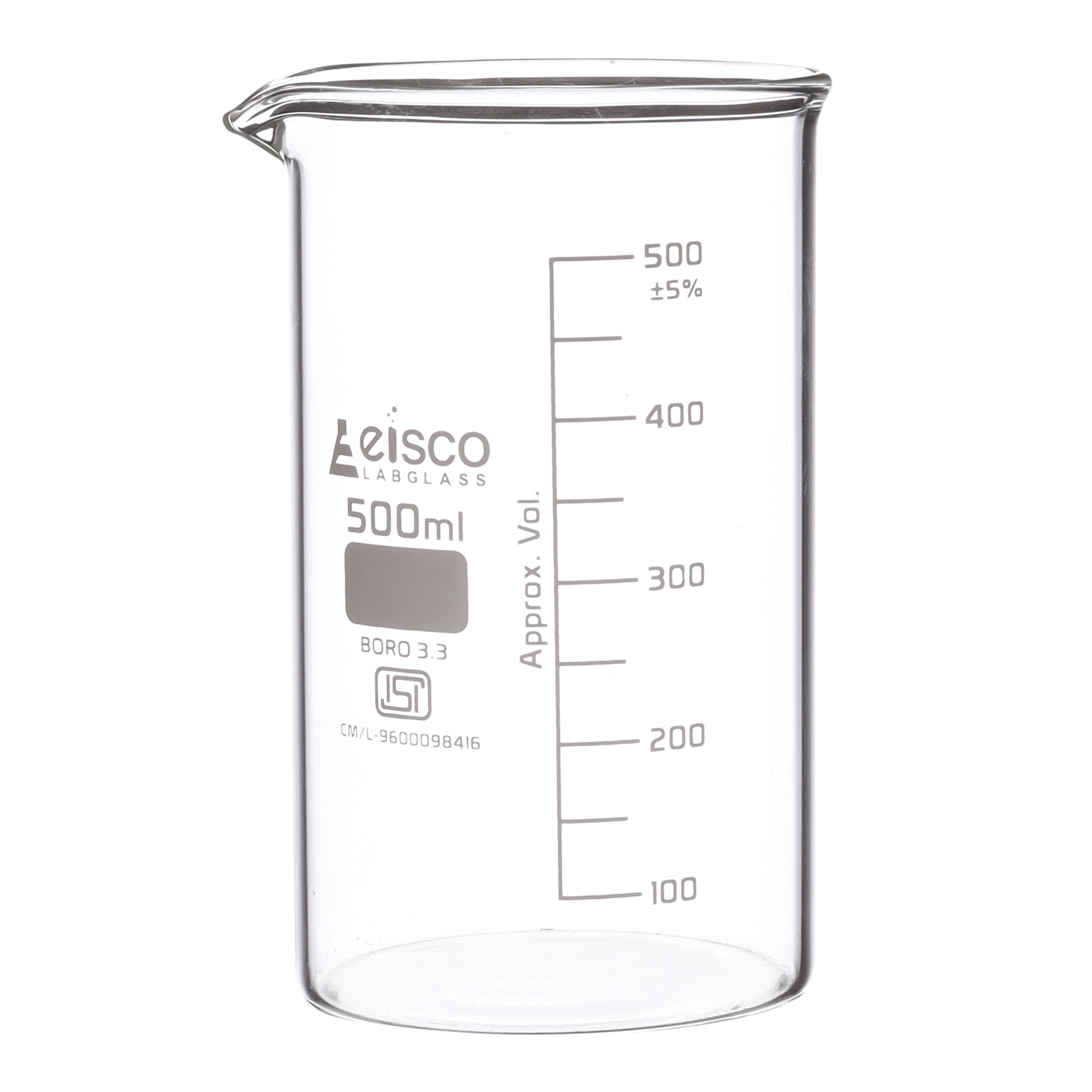 Beaker Tall form, with spout made of borosilicate glass, graduated 500 ml ISI