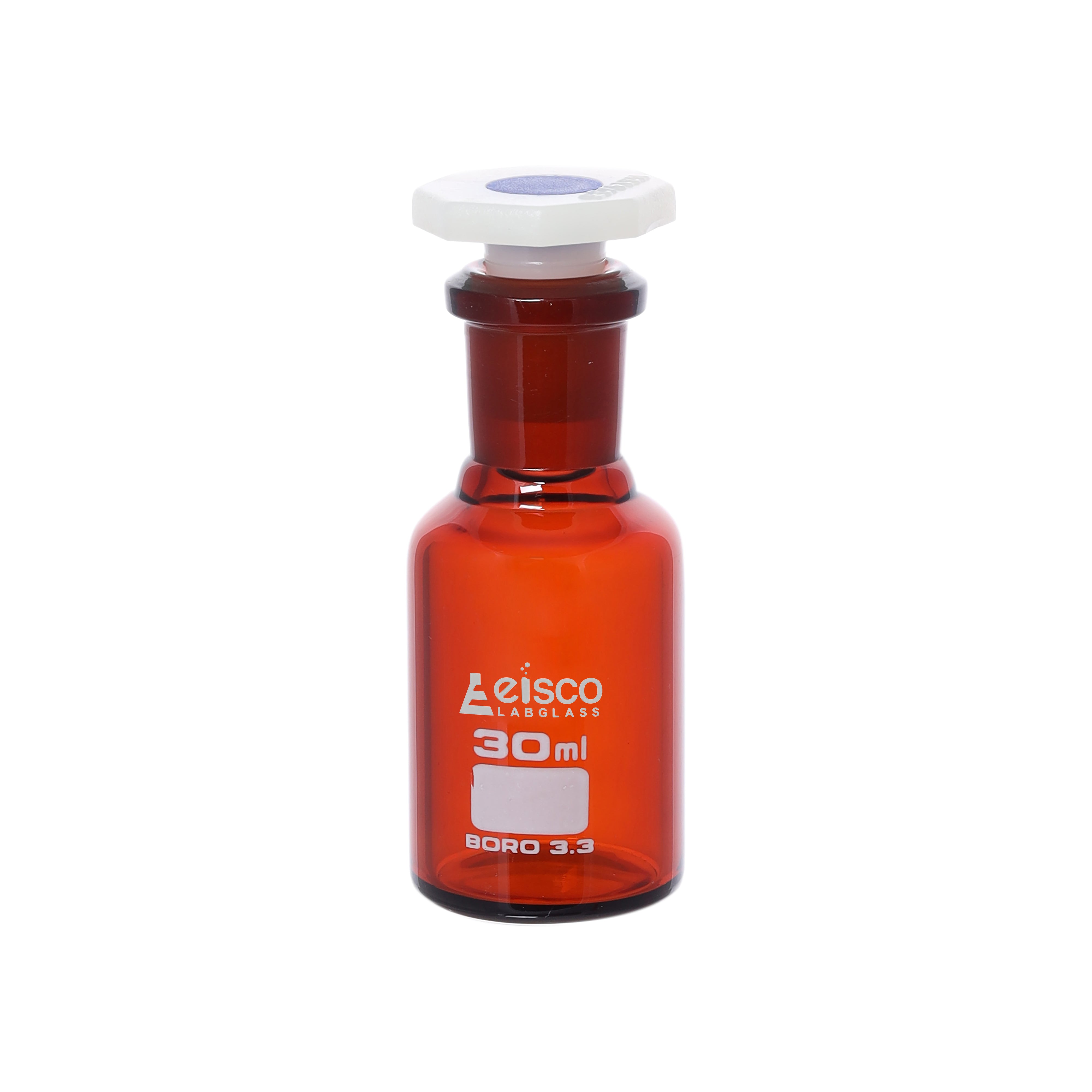 Bottle Reagent, Amber colour, narrow mouth with acid proof polypropylene stopper 30ml., socket size 14/23 - eiscoindustrial