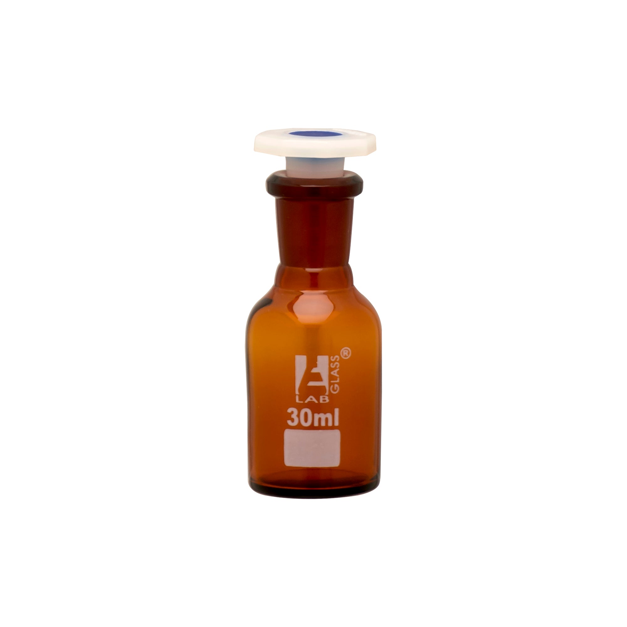 Bottle Reagent, Amber colour, narrow mouth with acid proof polypropylene stopper 30ml., socket size 14/23 - eiscoindustrial