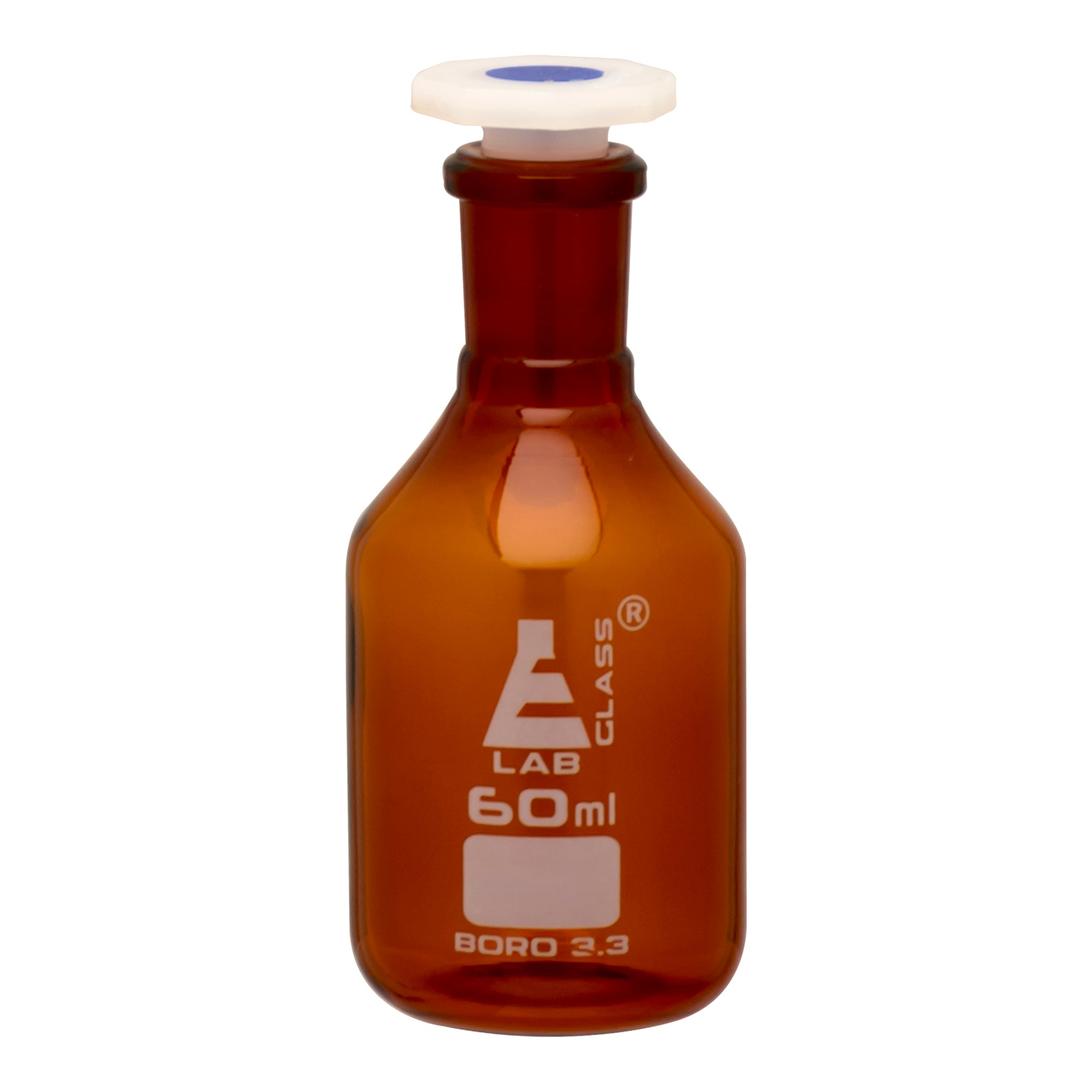 Bottle Reagent, Amber colour, narrow mouth with acid proof polypropylene stopper 60ml., socket size 14/23 - eiscoindustrial