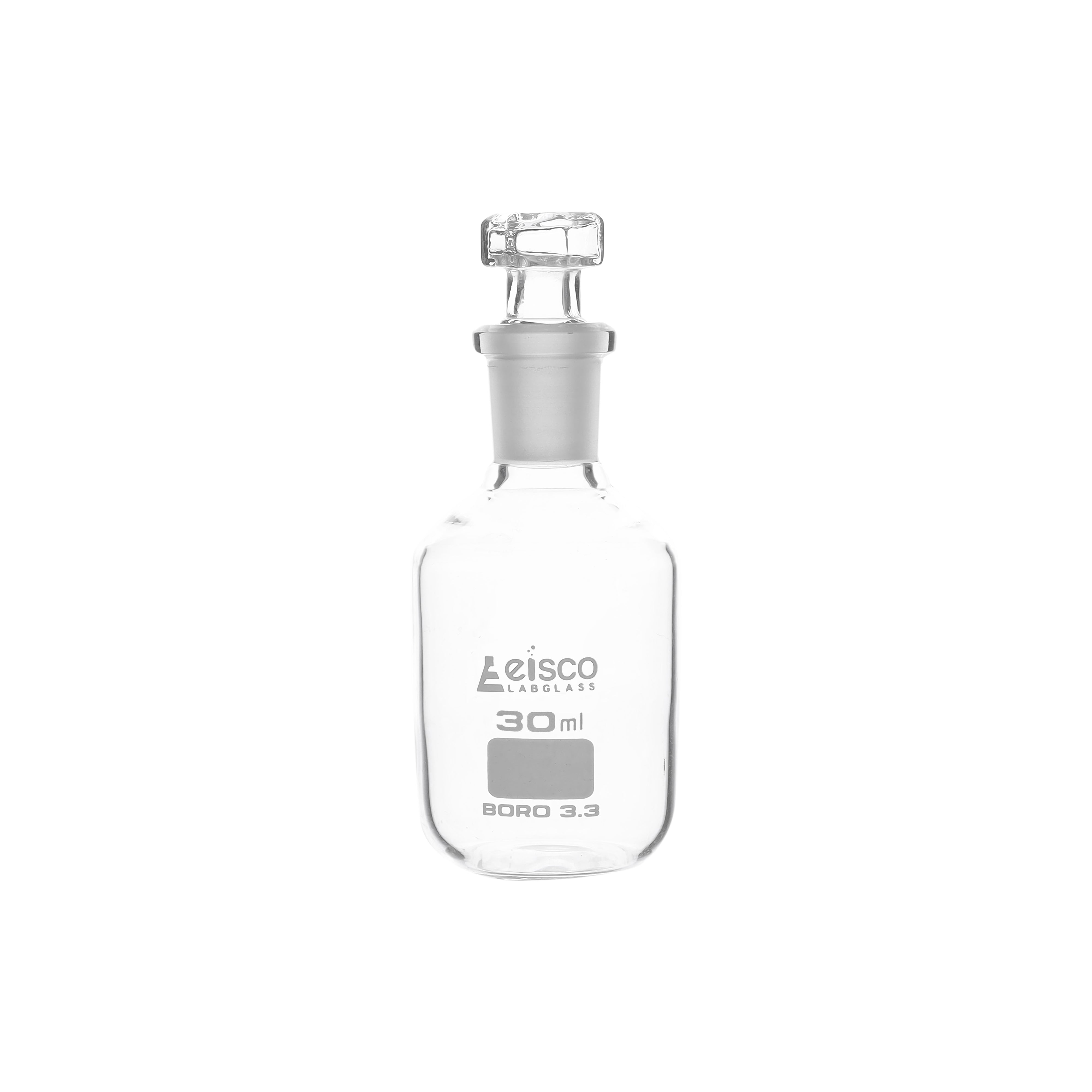 Bottle Reagent, made of borosilicate glass, narrow mouth with interchangeable hexagonal glass hollow stopper 30ml., socket size 14/23 - eiscoindustrial