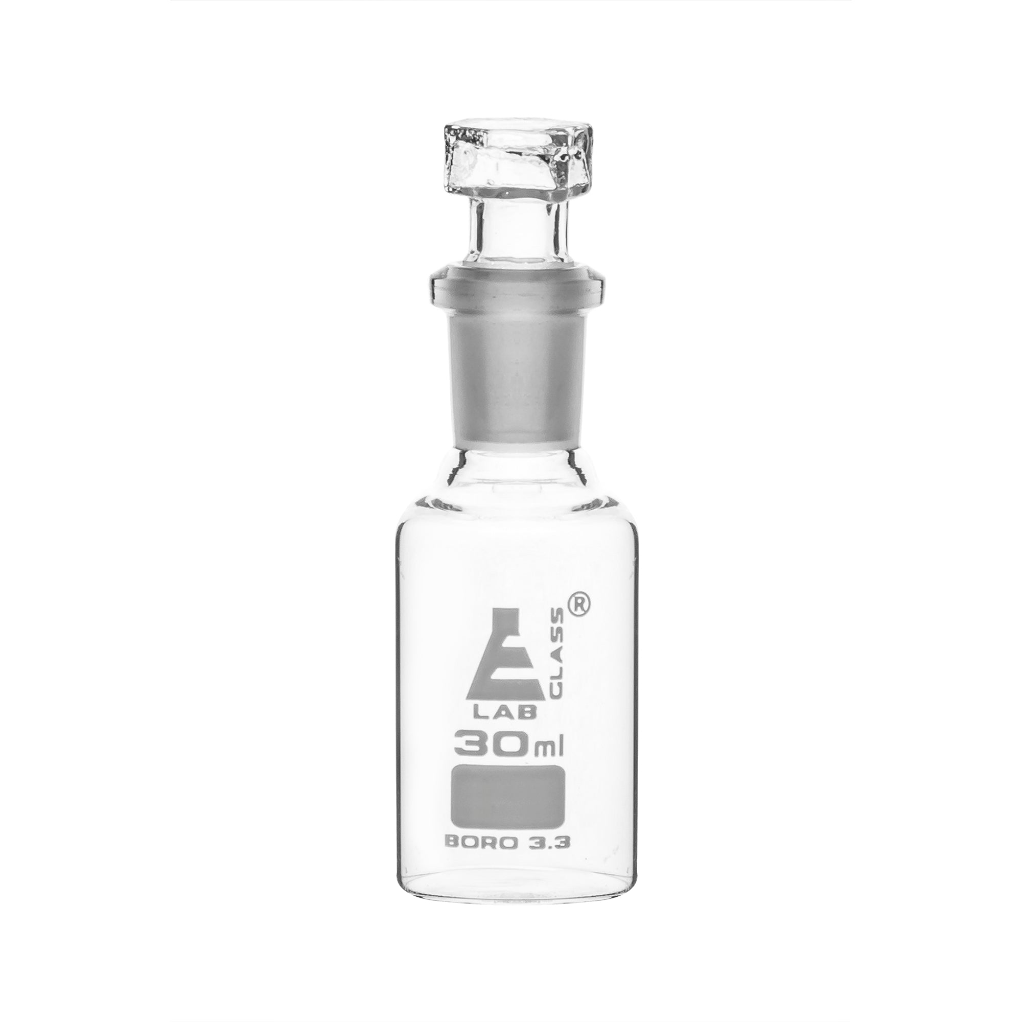 Bottle Reagent, made of borosilicate glass, narrow mouth with interchangeable hexagonal glass hollow stopper 30ml., socket size 14/23 - eiscoindustrial