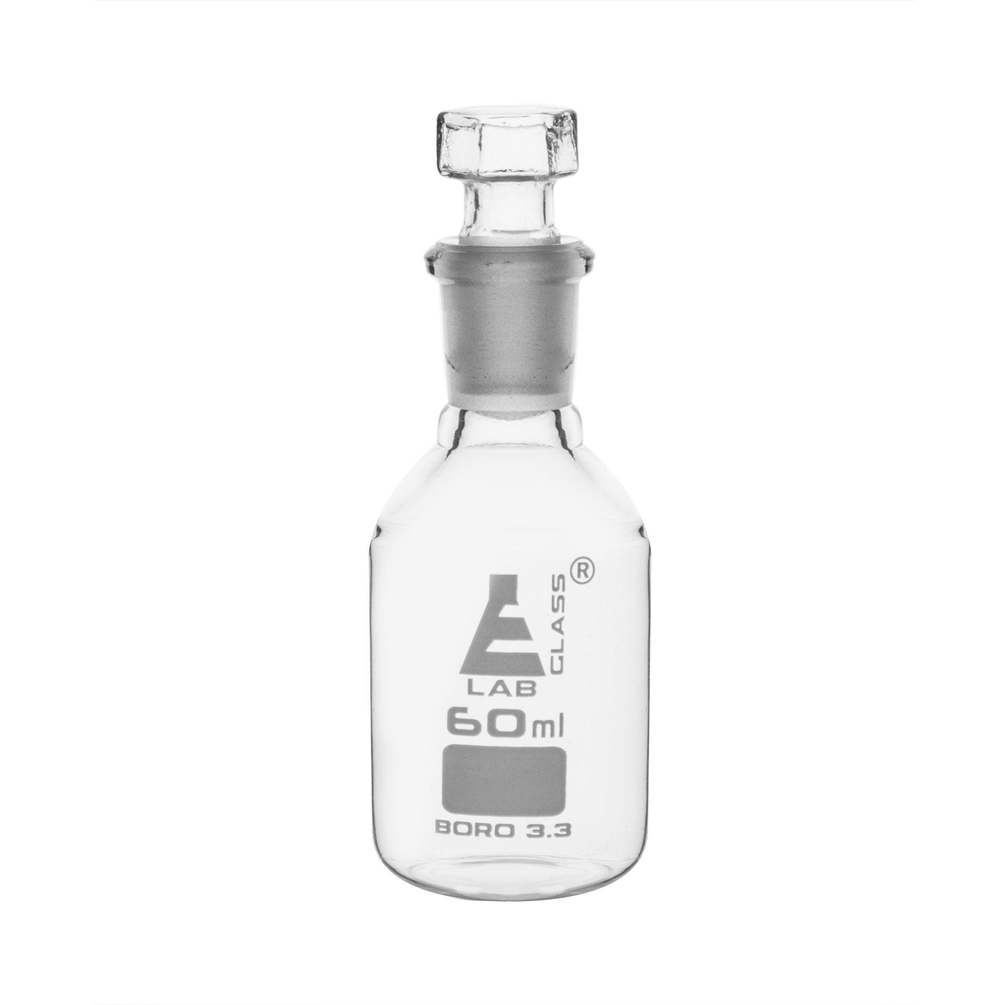 Bottle Reagent, made of borosilicate glass, narrow mouth with interchangeable hexagonal glass hollow stopper 60ml., socket size 14/23 - eiscoindustrial