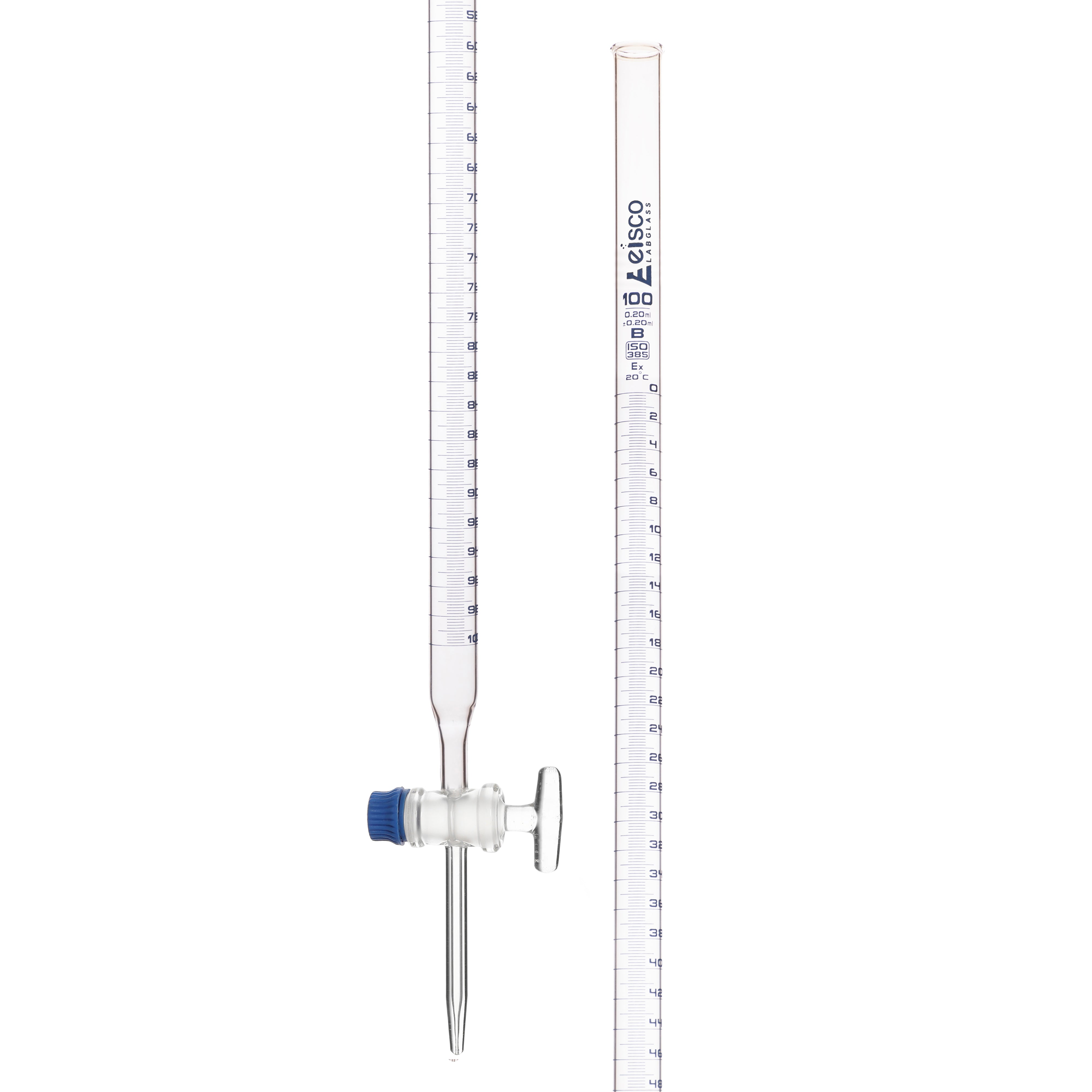 Burettes - Glass Key Capacity 100ml Sub. Div.0.20ml Tolerance ± 0.20ml, class-B, Blue Graduation - eiscoindustrial