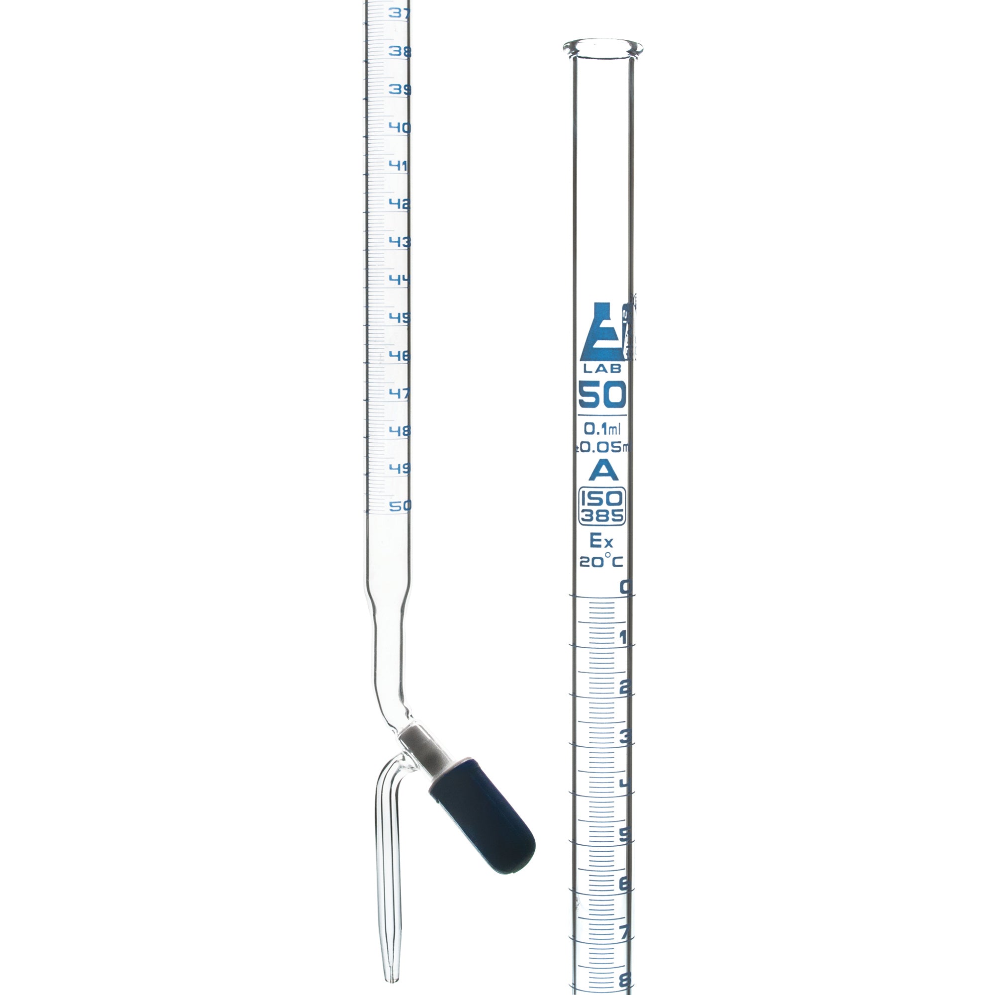 Burettes - PTFE Rotaflow stopcock, capacity 50ml, Sub. Div. 0.10ml Tolerance ± 0.05ml, class 'A', Blue Graduation - eiscoindustrial