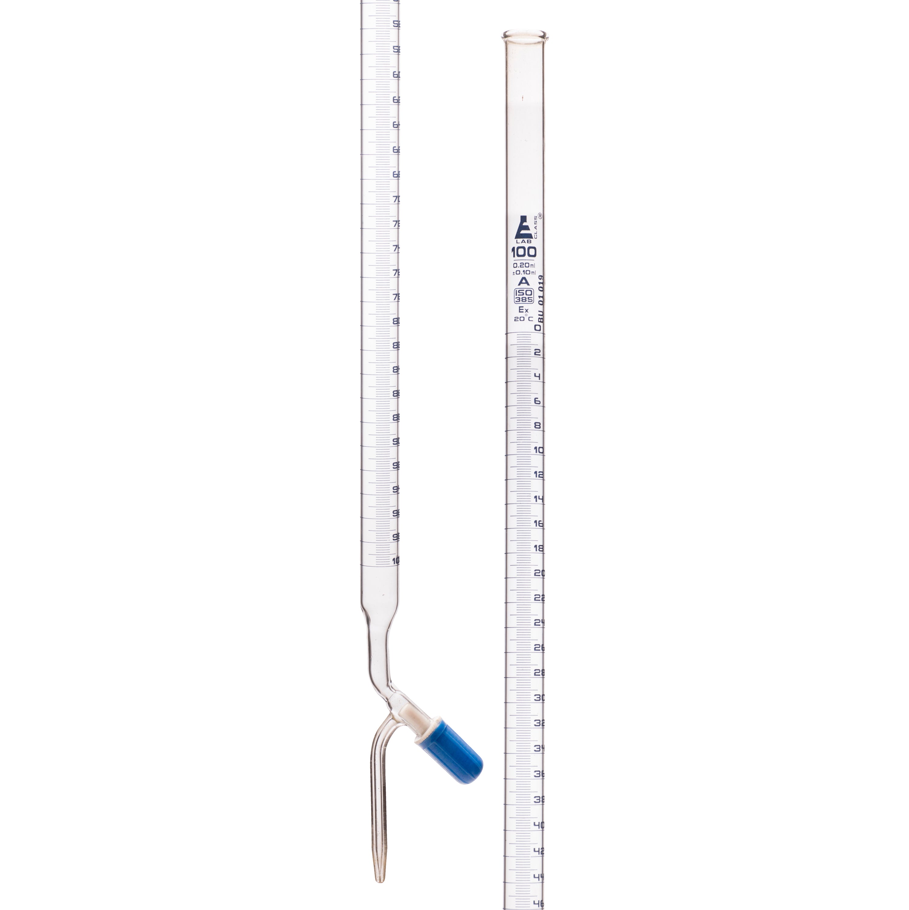 Burettes - PTFE Rotaflow stopcock, capacity 100ml, Sub. Div. 0.20ml Tolerance ± 0.10ml, class 'A', Blue Graduation - eiscoindustrial