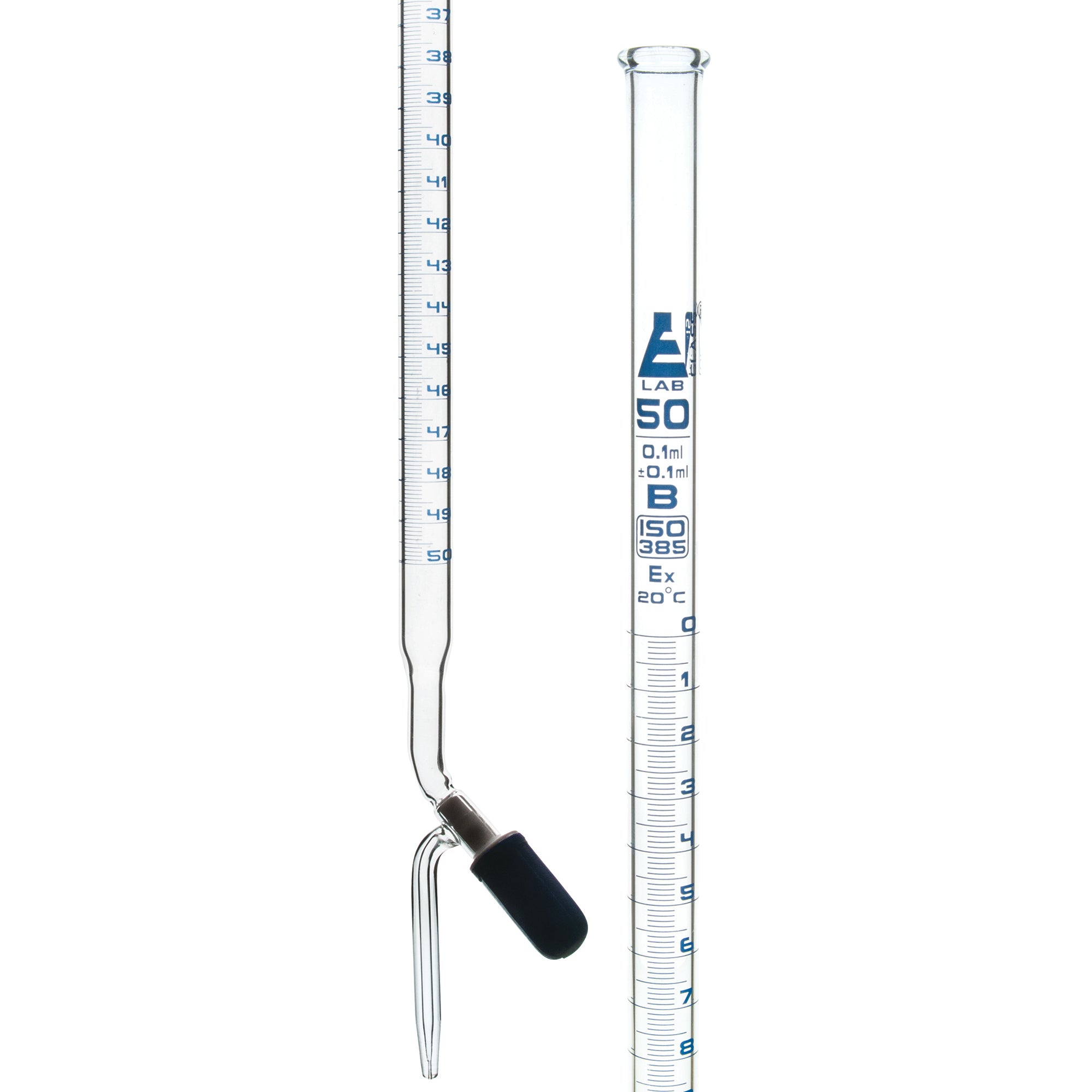 Burettes - PTFE Rotaflow stopcock, capacity 50ml, Sub. Div. 0.10ml Tolerance ± 0.10ml, class 'B', White Graduation - eiscoindustrial