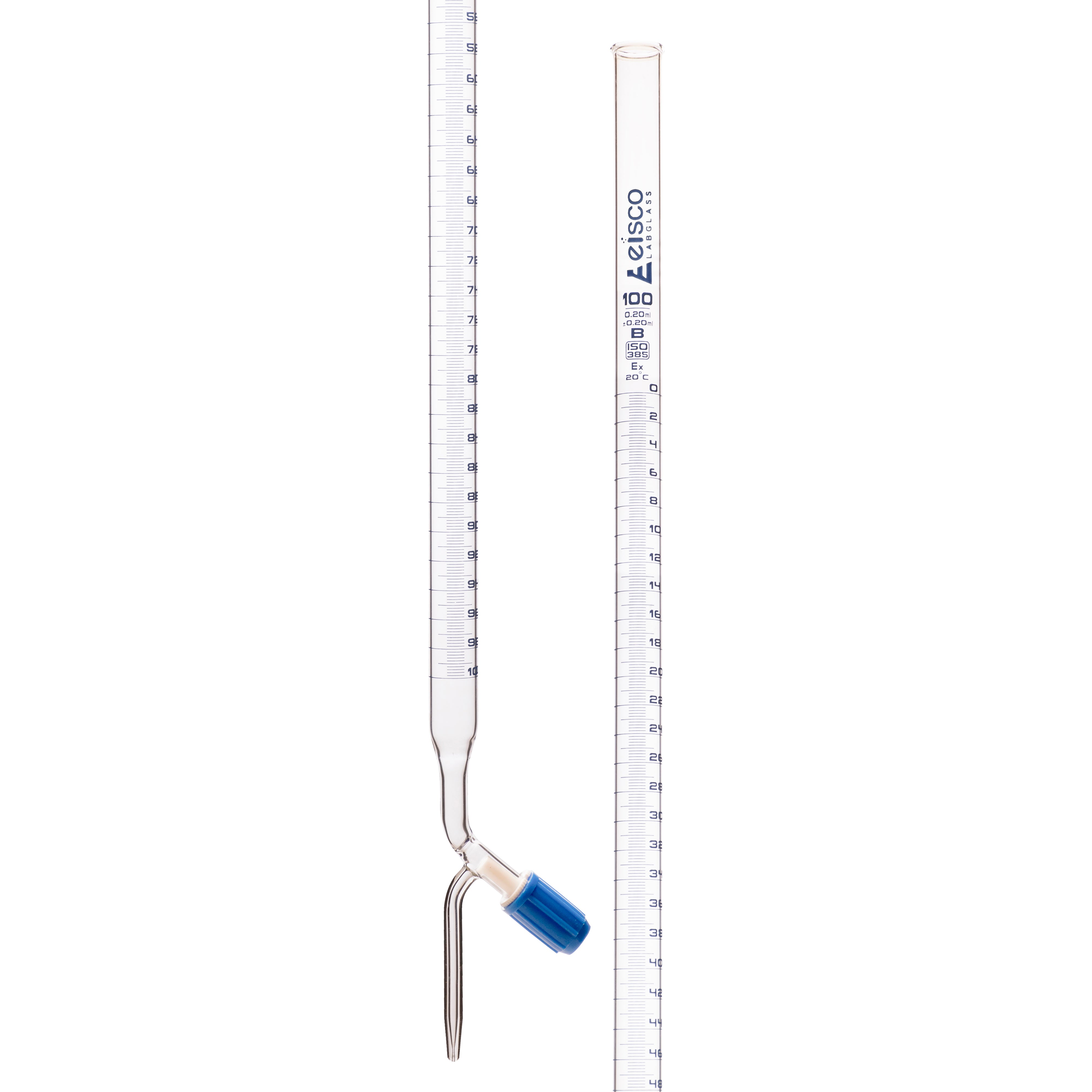 Burettes - PTFE Rotaflow stopcock, capacity 100ml, Sub. Div. 0.20ml Tolerance ± 0.20ml, class 'B', White Graduation - eiscoindustrial