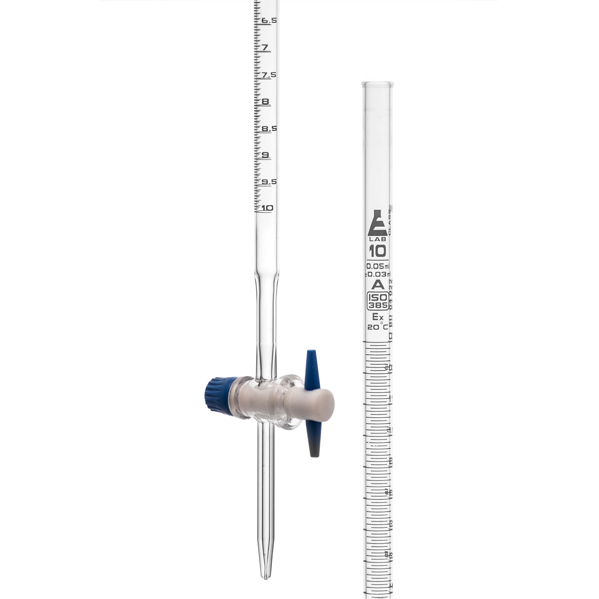 Burettes with straight bore interchangeable PTFE key stopcock, capacity 10ml, Sub. Div. 0.05ml Tolerance ± 0.03ml, class 'A', White Graduation - eiscoindustrial