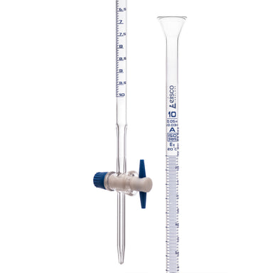 Burettes with straight bore interchangeable PTFE key stopcock, capacity 10ml, Sub. Div. 0.05ml Tolerance ± 0.03ml, class 'A', Blue Graduation - eiscoindustrial