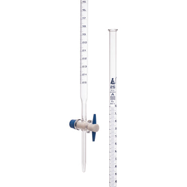 Burettes with straight bore interchangeable PTFE key stopcock, capacity 25ml, Sub. Div. 0.10ml Tolerance ± 0.05ml, class 'A', Blue Graduation - eiscoindustrial