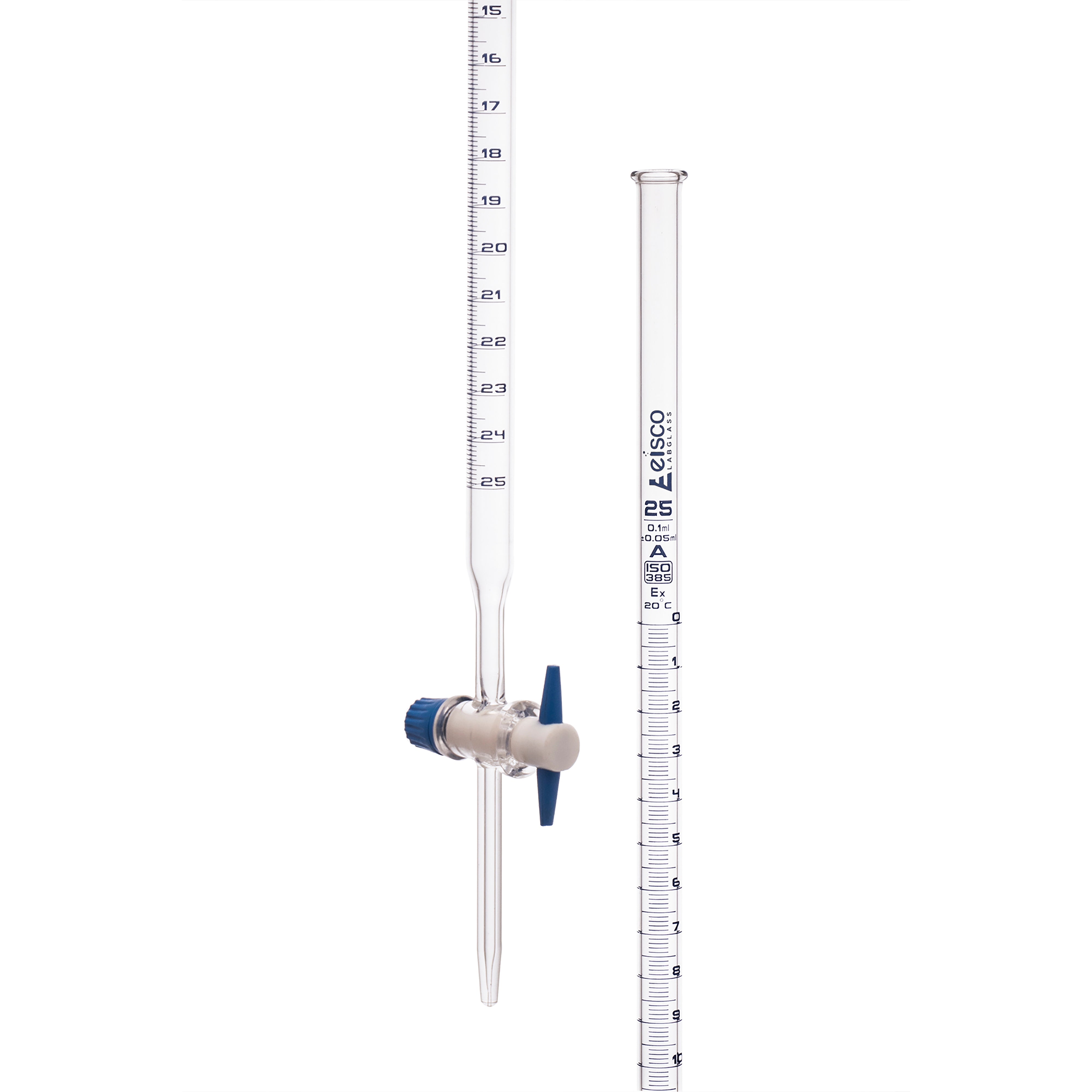 Burettes with straight bore interchangeable PTFE key stopcock, capacity 25ml, Sub. Div. 0.10ml Tolerance ± 0.05ml, class 'A', White Graduation - eiscoindustrial