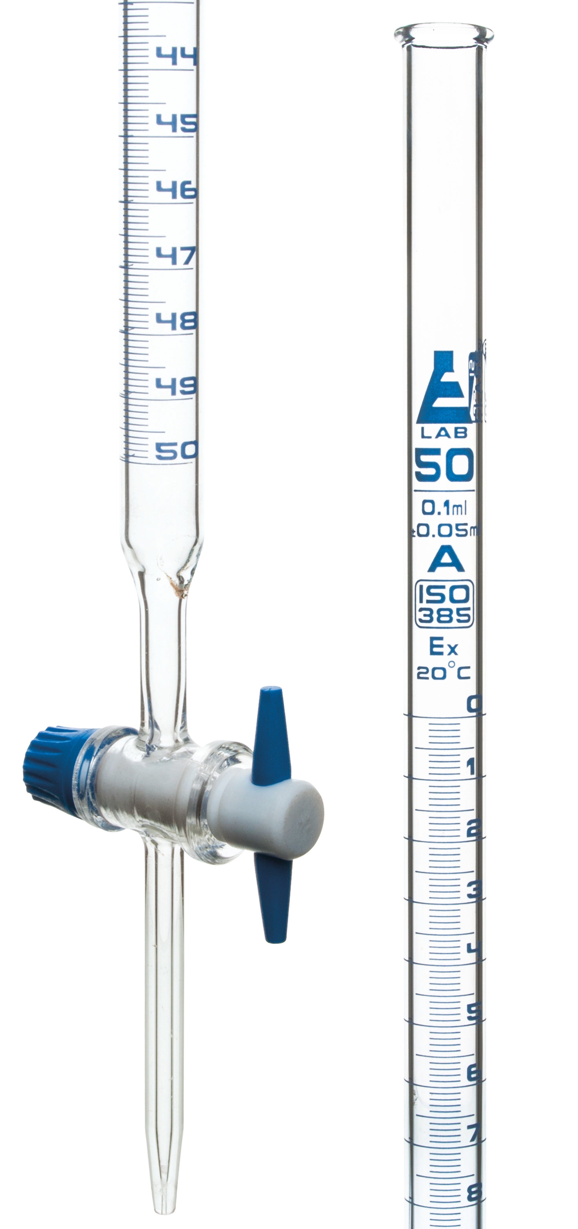 Burettes with straight bore interchangeable PTFE key stopcock, capacity 50ml, Sub. Div. 0.10ml Tolerance ± 0.05ml, class 'A', White Graduation - eiscoindustrial