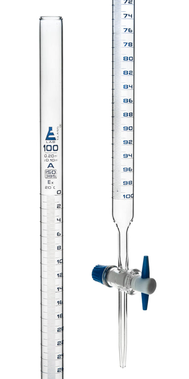 Burettes with straight bore interchangeable PTFE key stopcock, capacity 100ml, Sub. Div. 0.20ml Tolerance ± 0.10ml, class 'A', White Graduation - eiscoindustrial