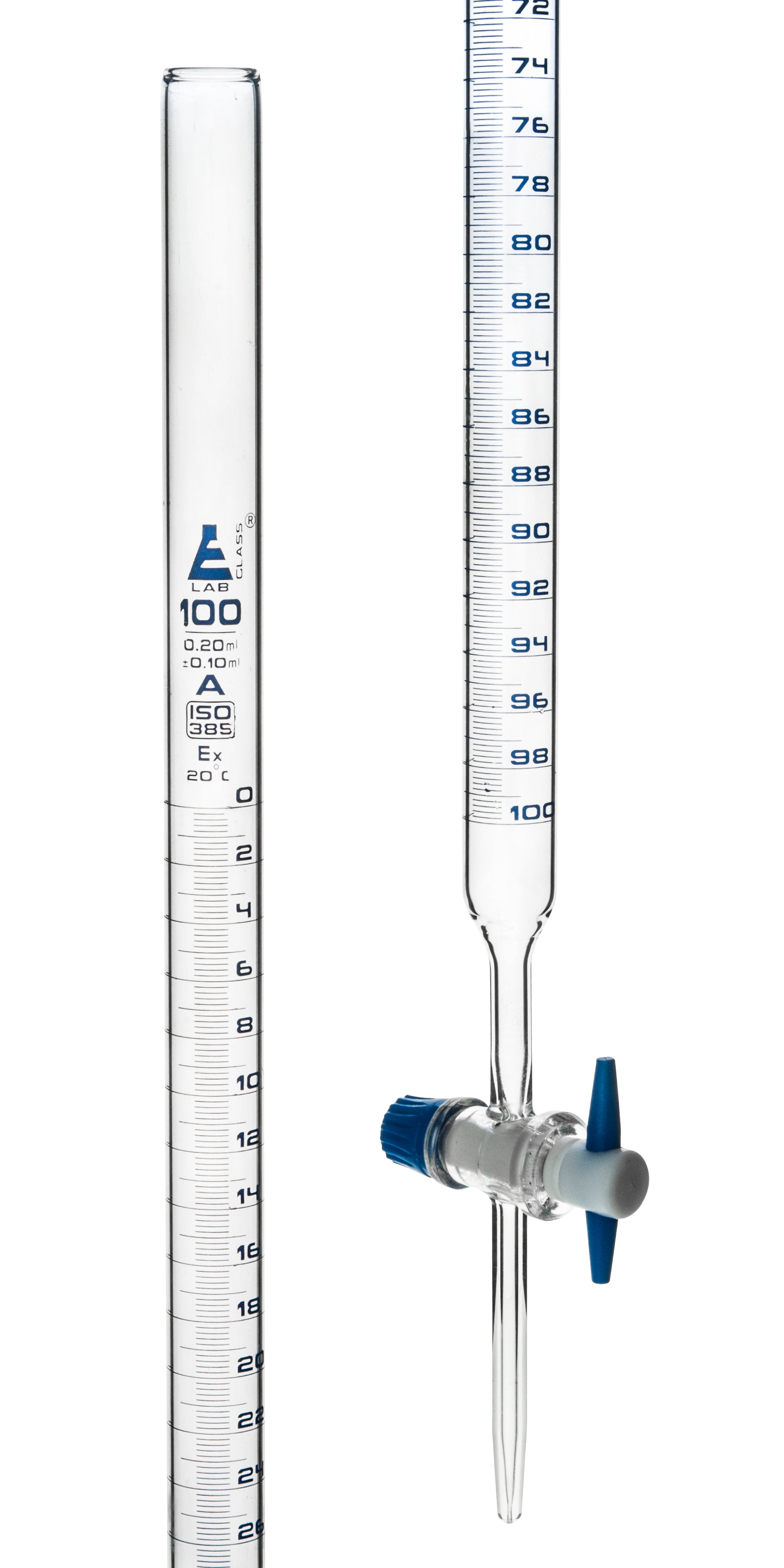 Burettes with straight bore interchangeable PTFE key stopcock, capacity 100ml, Sub. Div. 0.20ml Tolerance ± 0.10ml, class 'A', Blue Graduation - eiscoindustrial