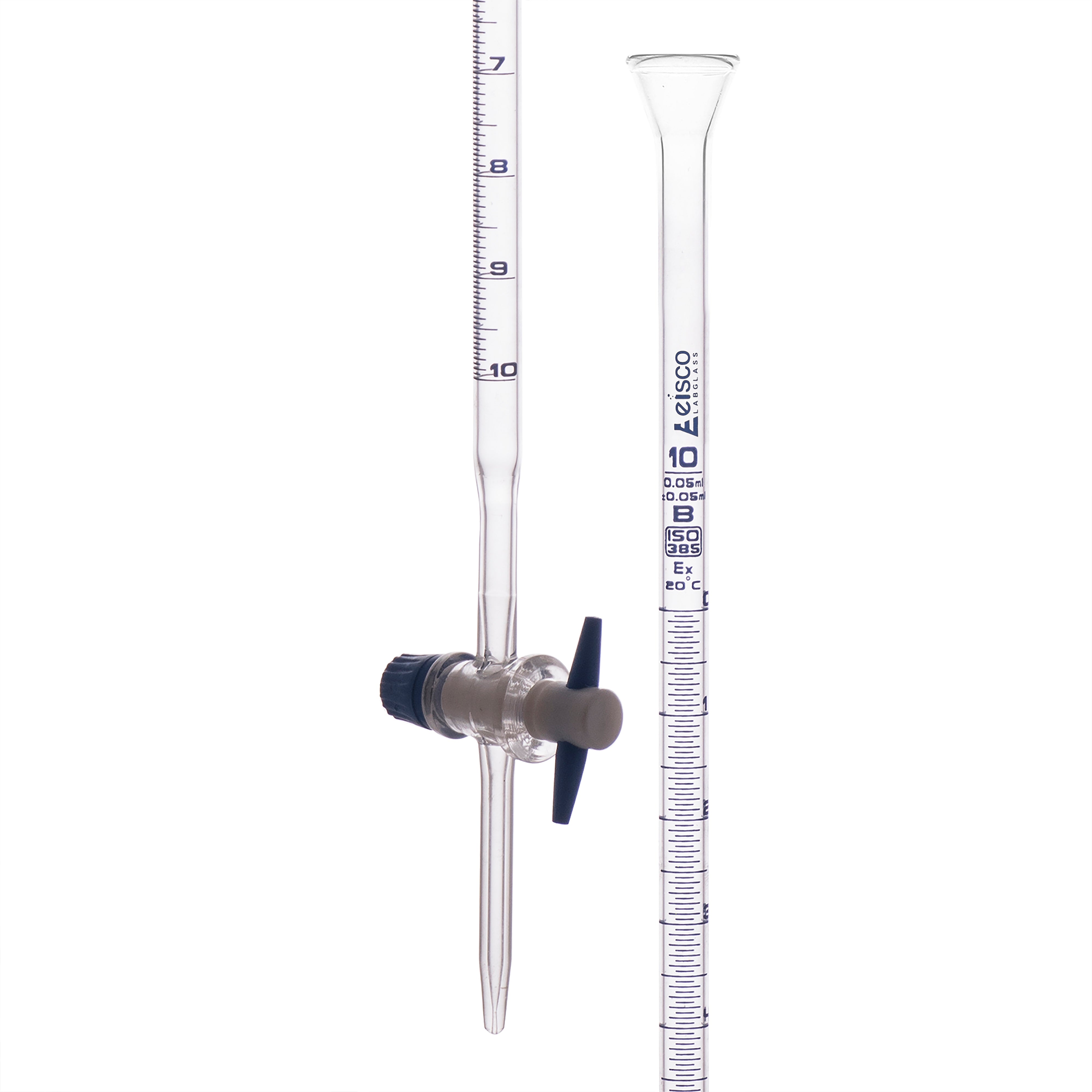 Burettes with straight bore interchangeable PTFE key stopcock, capacity 10ml, Sub. Div. 0.05ml Tolerance ± 0.05ml, class 'B', Blue Graduation - eiscoindustrial