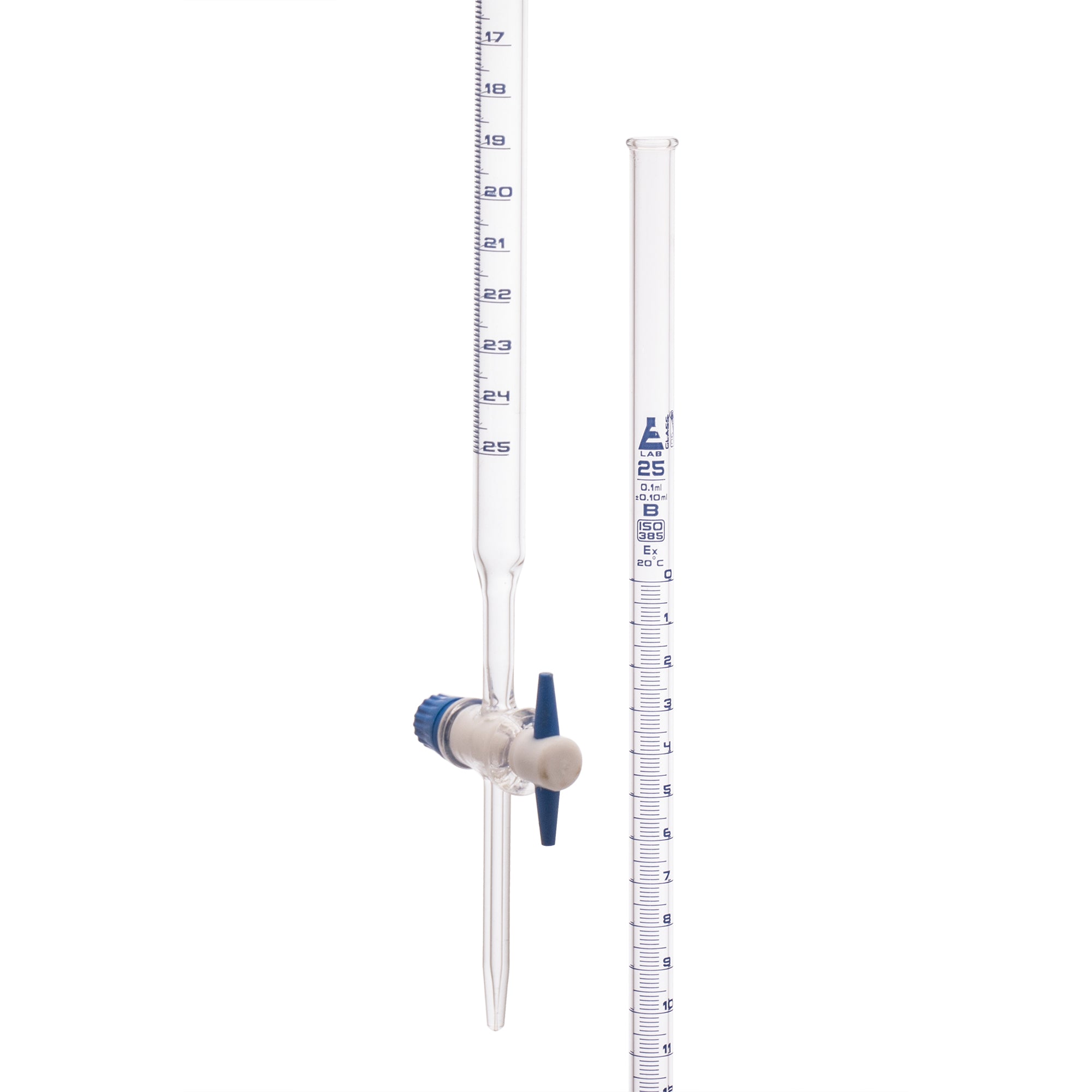 Burettes with straight bore interchangeable PTFE key stopcock, capacity 25ml, Sub. Div. 0.10ml Tolerance ± 0.10ml, class 'B', Blue Graduation - eiscoindustrial