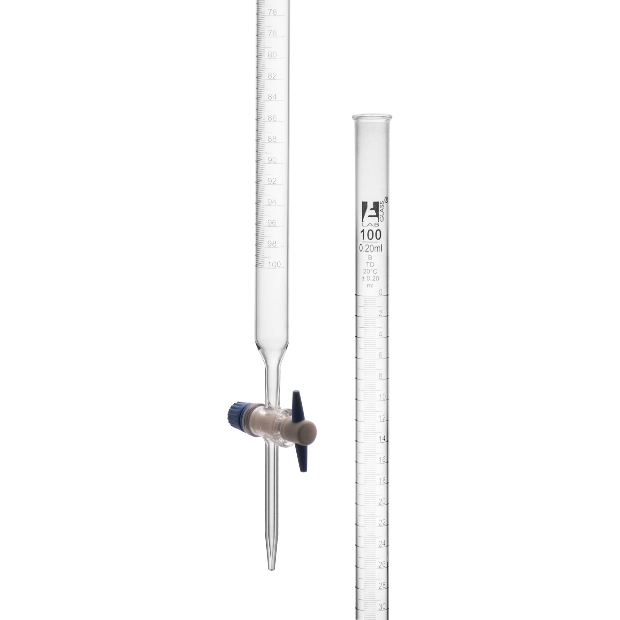 Burettes with straight bore interchangeable PTFE key stopcock, capacity 100ml, Sub. Div. 0.20ml Tolerance ± 0.20ml, class 'B', White Graduation - eiscoindustrial