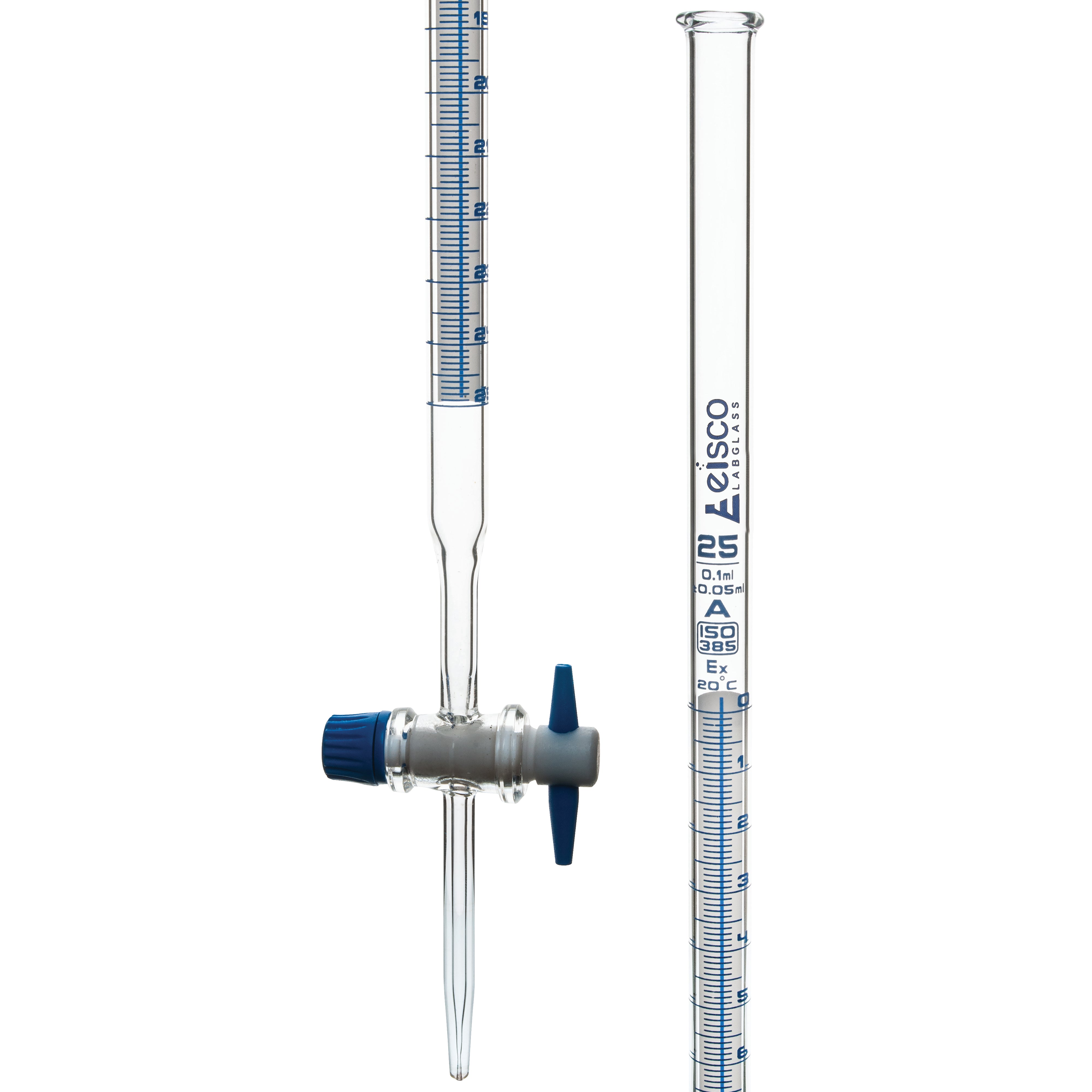 Burettes Schellbach-PTFE key stopcock, capacity 25ml, Sub. Div. 0.10ml Tolerance ± 0.05ml, class 'A' - eiscoindustrial