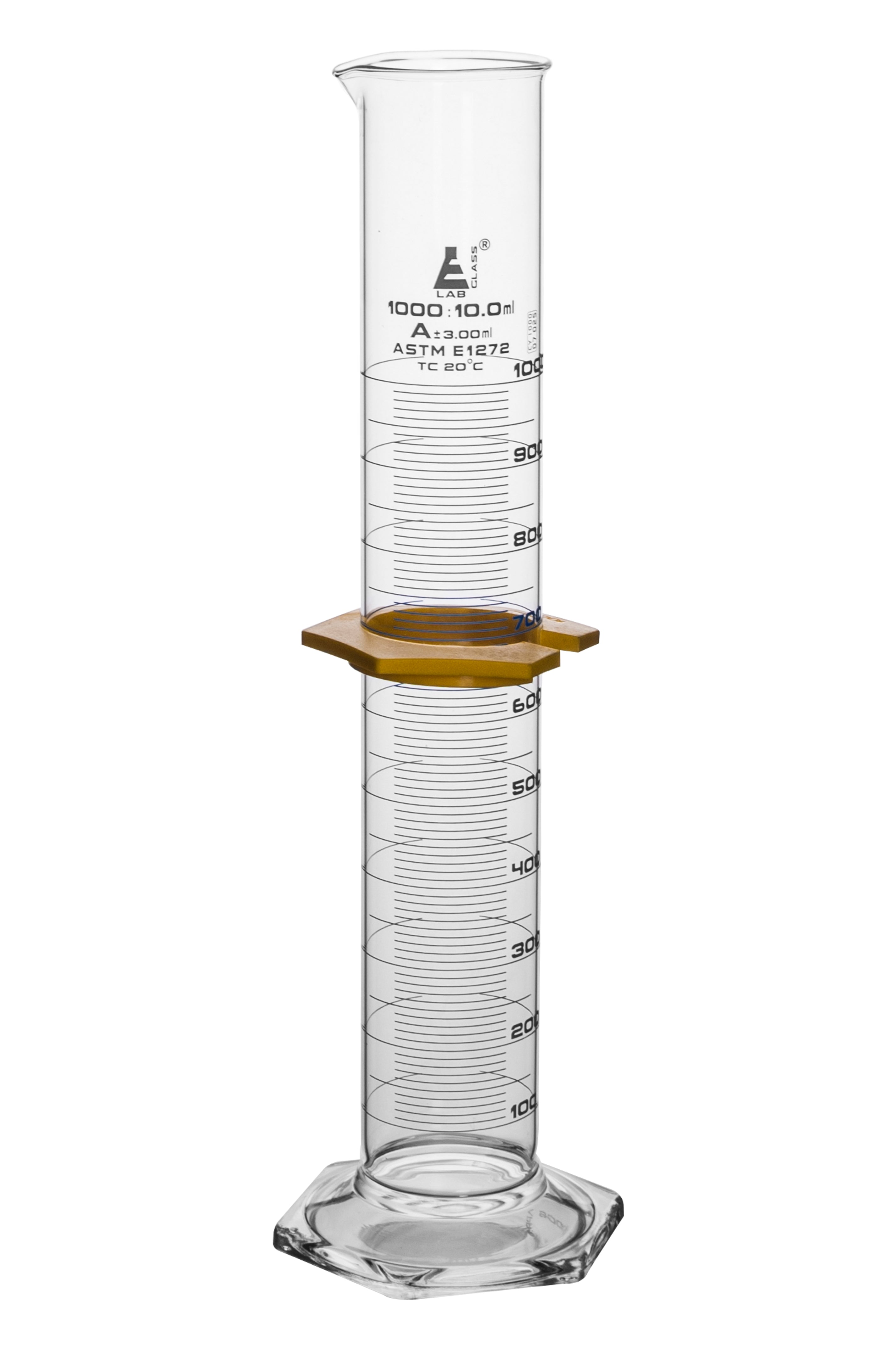 Cylinder Measuring Graduated, cap. 1000ml., class 'A', glass hex. base,with protective guard & spout, borosilicate glass, White Graduation. As per ASTM E1272 std. - eiscoindustrial