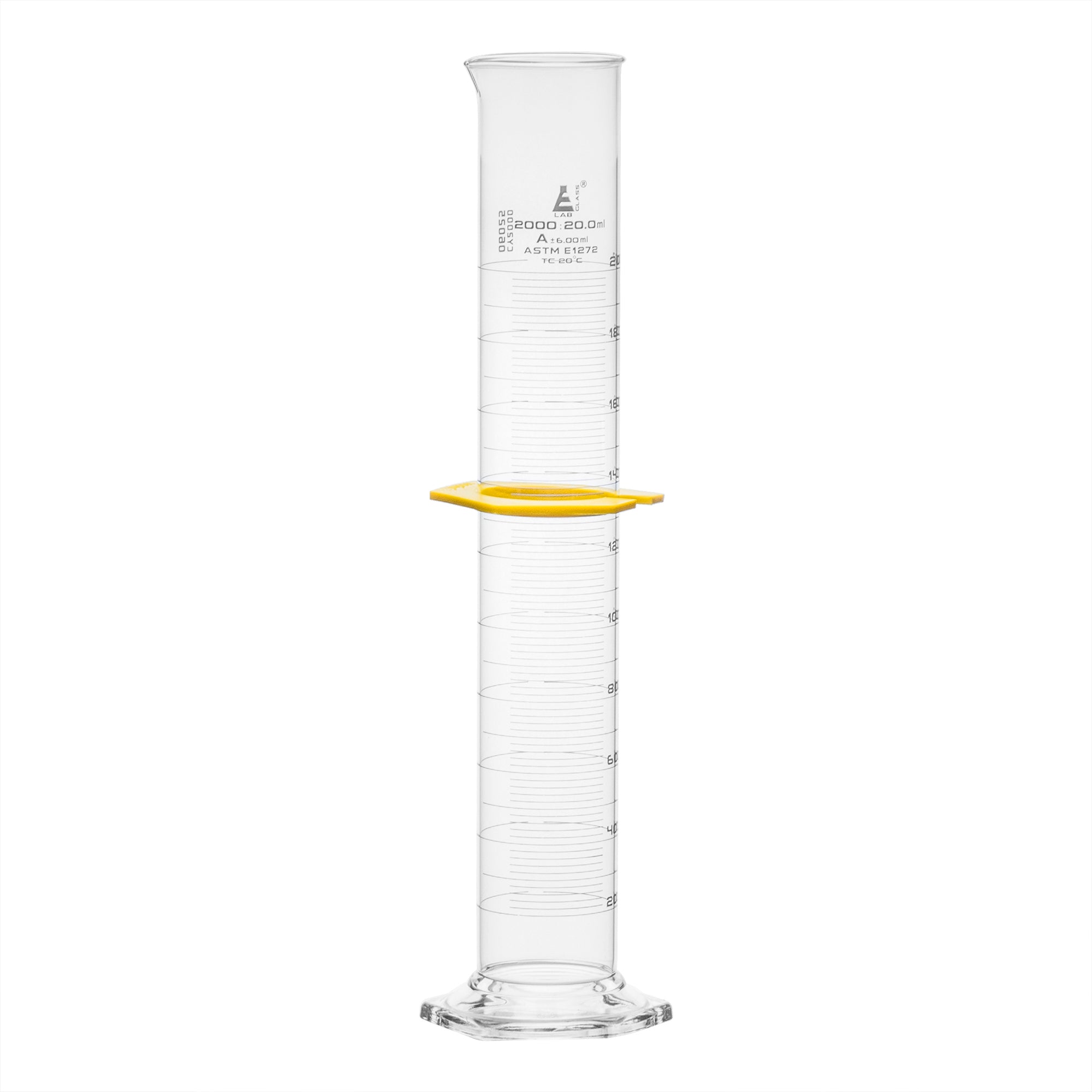 Cylinder Measuring Graduated, cap. 2000ml., class 'A', glass hex. base,with protective guard & spout, borosilicate glass, White Graduation. As per ASTM E1272 std. - eiscoindustrial