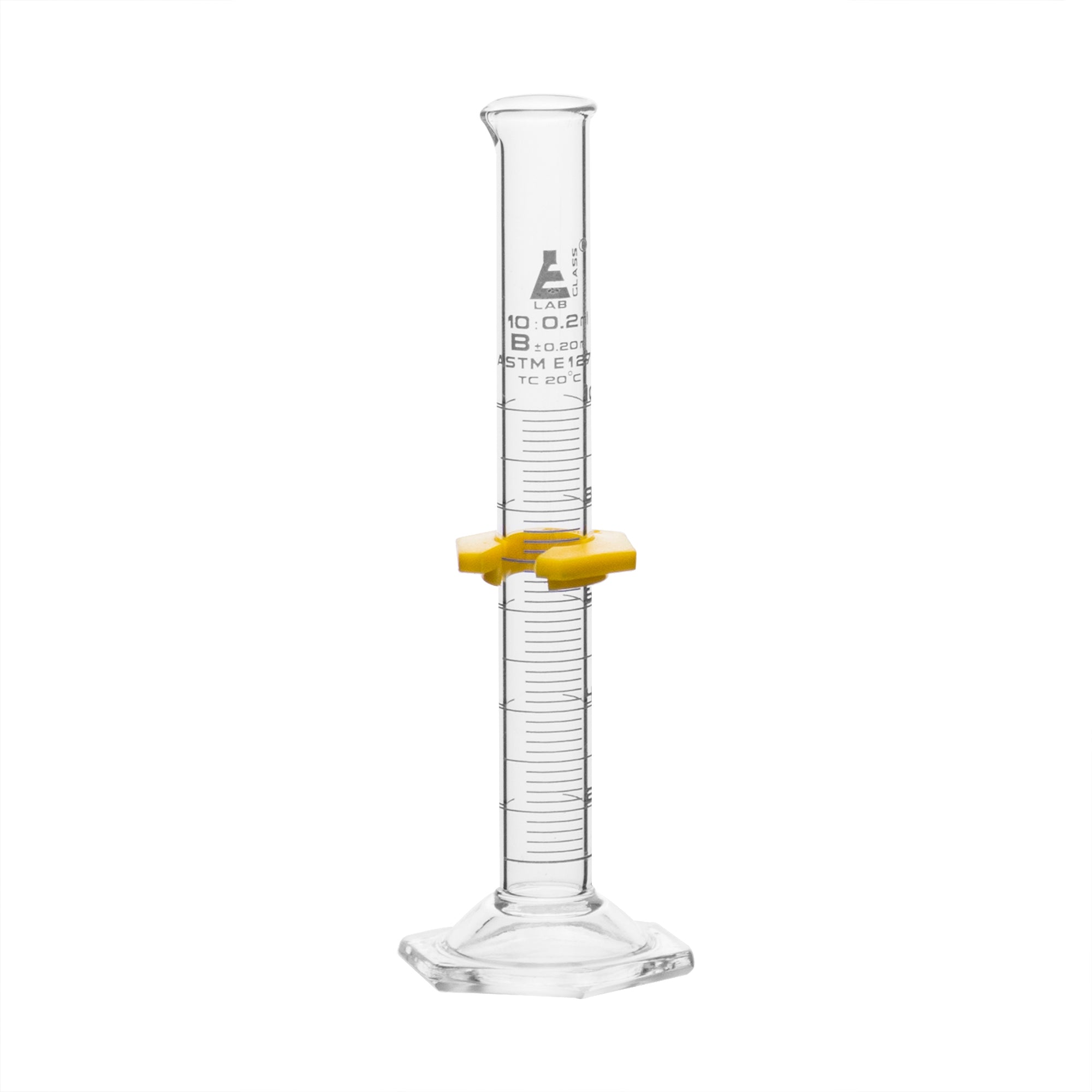 Cylinder Measuring Graduated, cap. 10ml., class 'B', glass hex. base,with protective guard & spout, borosilicate glass, white Graduation. As per ASTM E1272 std. - eiscoindustrial