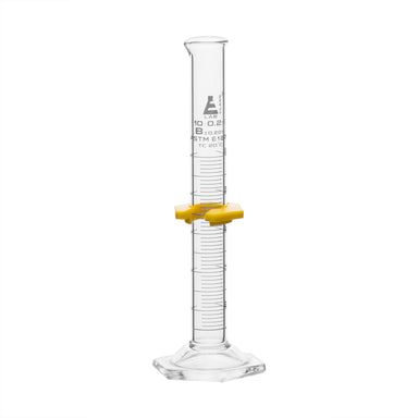 Cylinder Measuring Graduated, cap. 10ml., class 'B', glass hex. base,with protective guard & spout, borosilicate glass, white Graduation. As per ASTM E1272 std. - eiscoindustrial