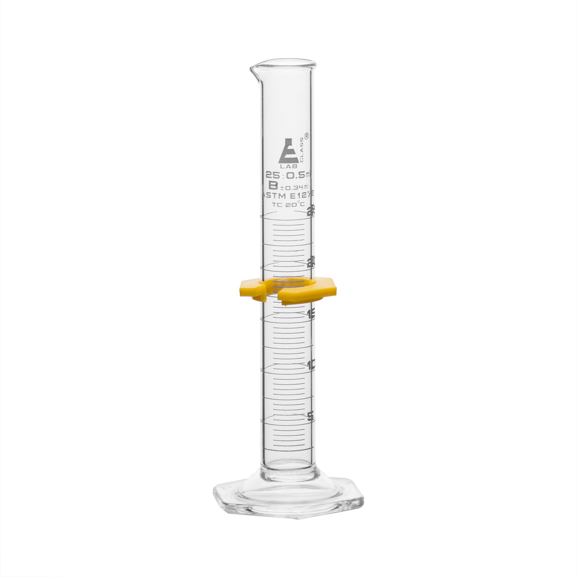 Cylinder Measuring Graduated, cap. 25ml., class 'B', glass hex. base,with protective guard & spout, borosilicate glass, white Graduation. As per ASTM E1272 std. - eiscoindustrial