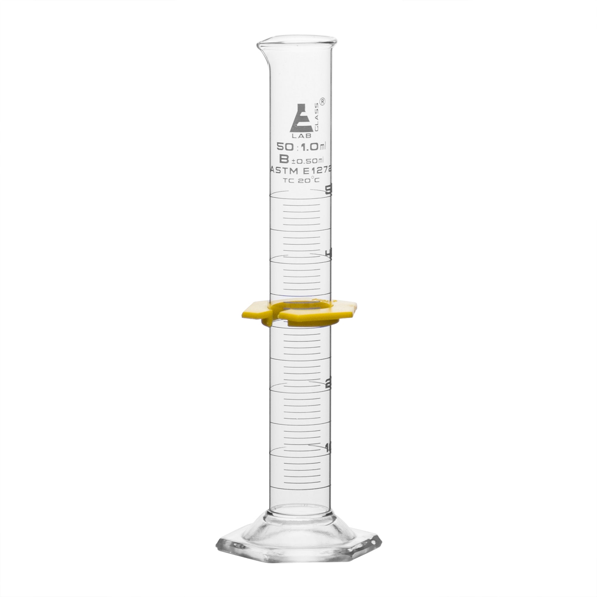 Cylinder Measuring Graduated, cap. 50ml., class 'B', glass hex. base,with protective guard & spout, borosilicate glass, white Graduation. As per ASTM E1272 std. - eiscoindustrial