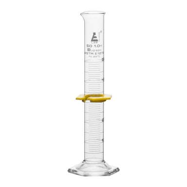 Cylinder Measuring Graduated, cap. 50ml., class 'B', glass hex. base,with protective guard & spout, borosilicate glass, white Graduation. As per ASTM E1272 std. - eiscoindustrial