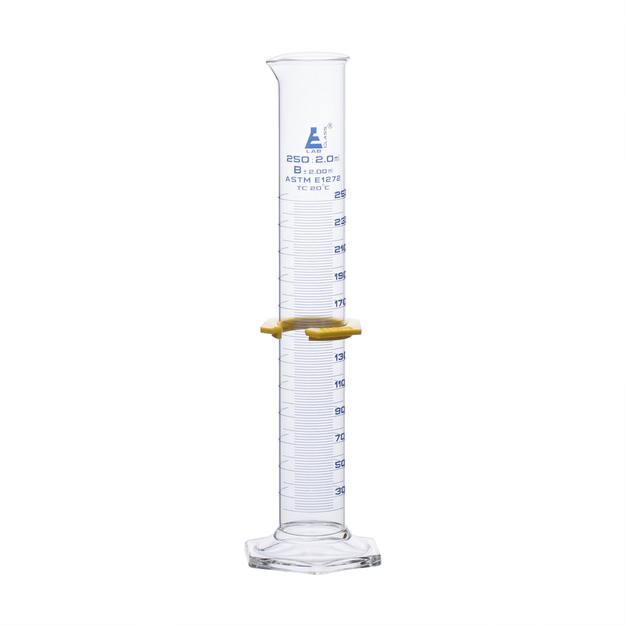 Cylinder Measuring Graduated, cap. 250ml., class 'B', glass hex. base,with protective guard & spout, borosilicate glass, Blue Graduation. As per ASTM E1272 std. - eiscoindustrial