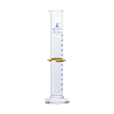 Cylinder Measuring Graduated, cap. 250ml., class 'B', glass hex. base,with protective guard & spout, borosilicate glass, Blue Graduation. As per ASTM E1272 std. - eiscoindustrial