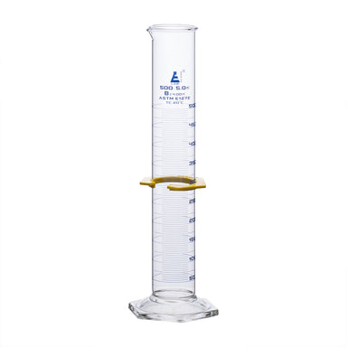 Cylinder Measuring Graduated, cap. 500ml., class 'B', glass hex. base,with protective guard & spout, borosilicate glass, Blue Graduation. As per ASTM E1272 std. - eiscoindustrial