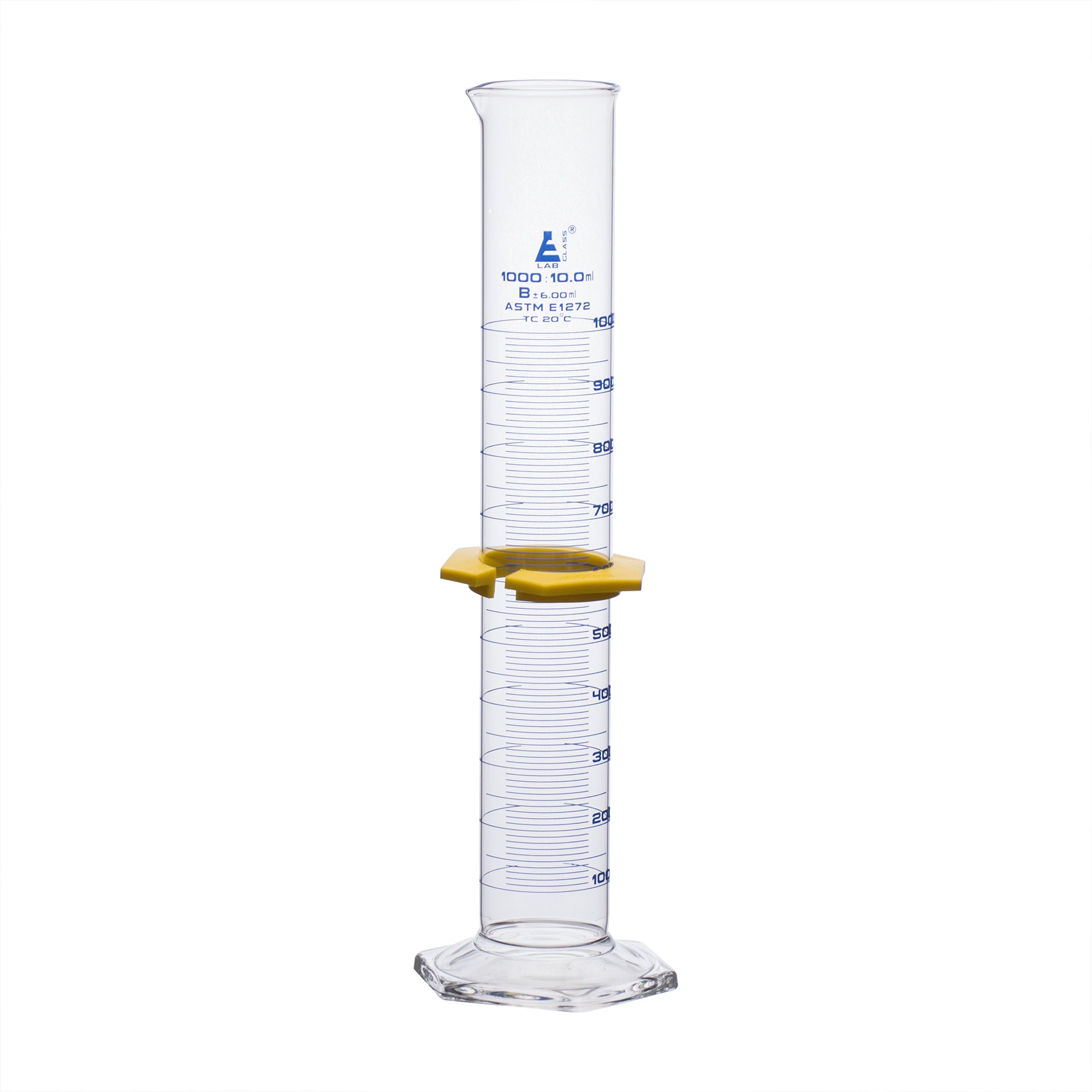 Cylinder Measuring Graduated, cap. 1000ml., class 'B', glass hex. base,with protective guard & spout, borosilicate glass, Blue Graduation. As per ASTM E1272 std. - eiscoindustrial