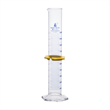 Cylinder Measuring Graduated, cap. 1000ml., class 'B', glass hex. base,with protective guard & spout, borosilicate glass, Blue Graduation. As per ASTM E1272 std. - eiscoindustrial