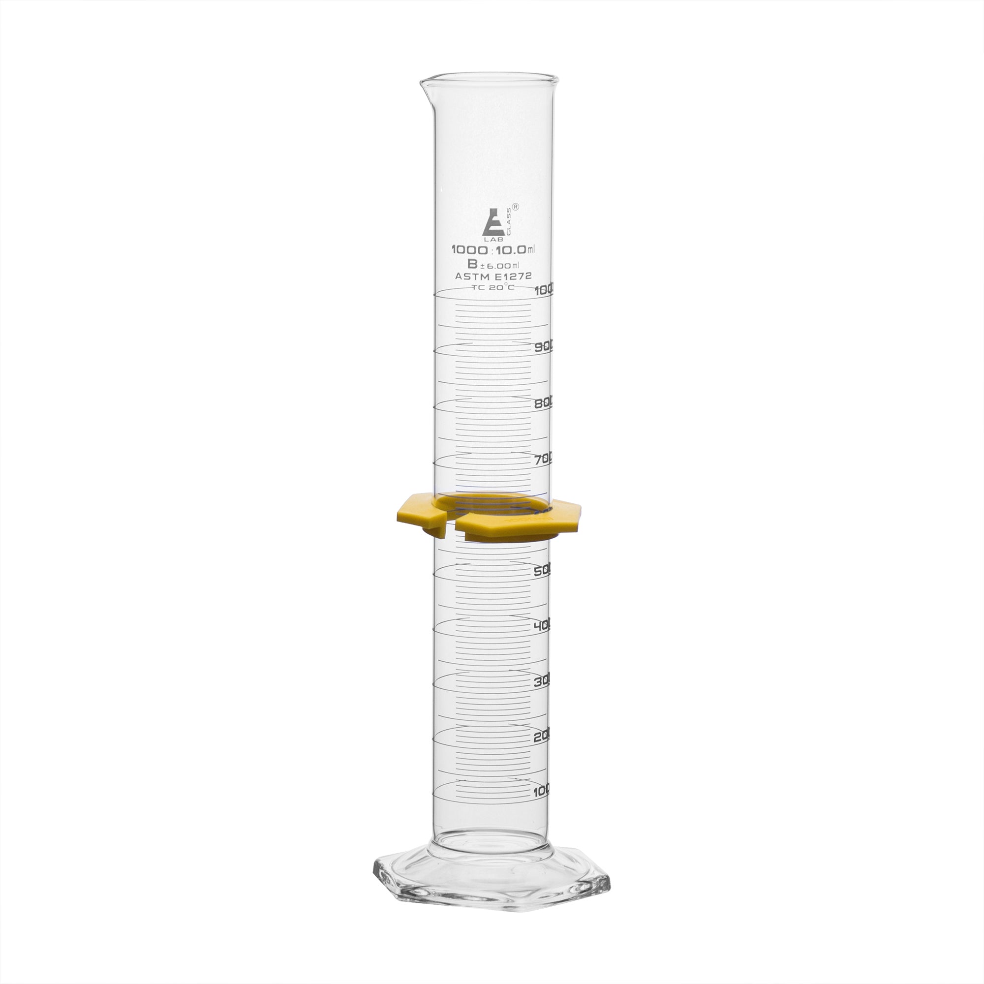 Cylinder Measuring Graduated, cap. 1000ml., class 'B', glass hex. base,with protective guard & spout, borosilicate glass, white Graduation. As per ASTM E1272 std. - eiscoindustrial