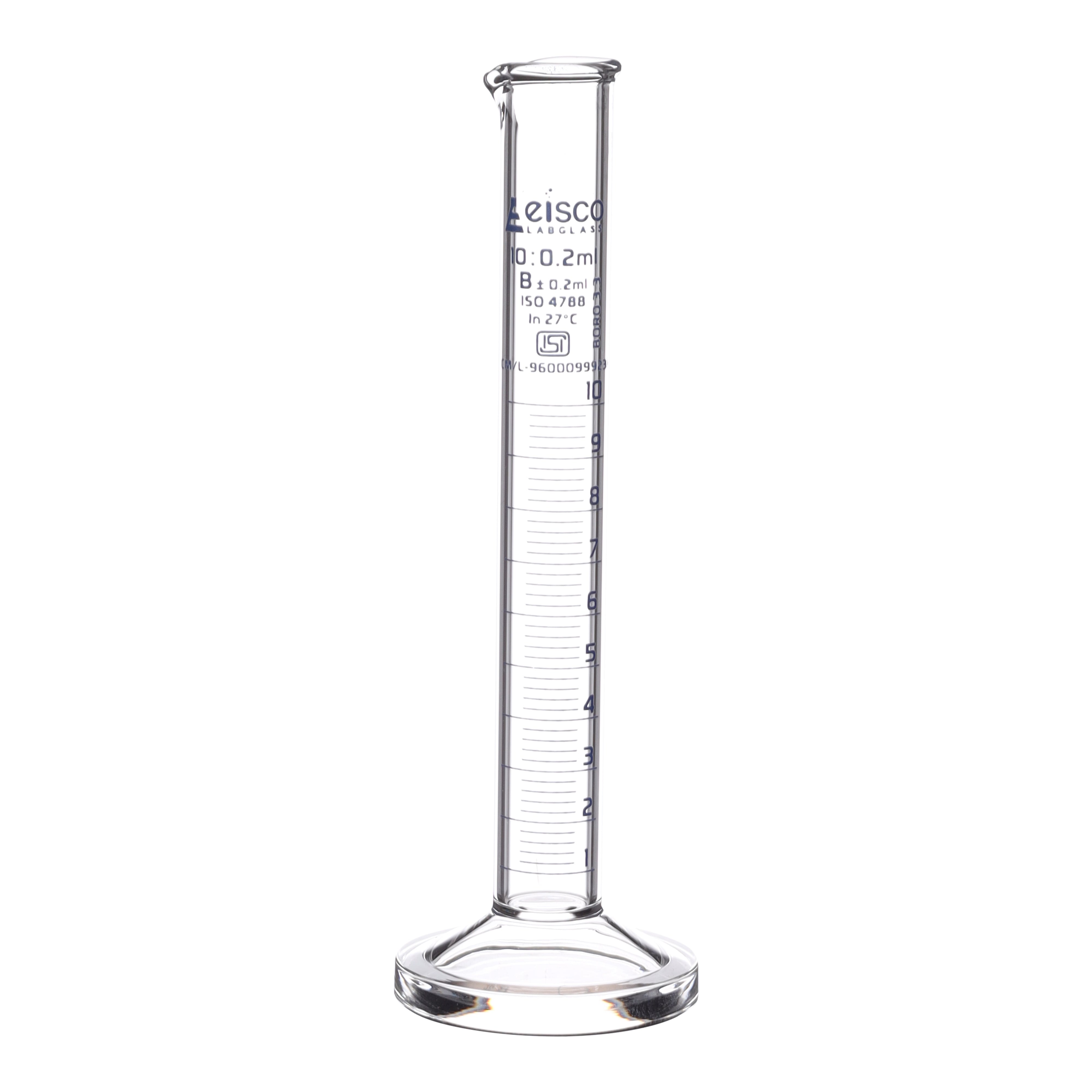 Cylinder Measuring Graduated, cap. 25ml., class 'B', round base with spout, borosilicate glass, Blue Graduation ISI Marked