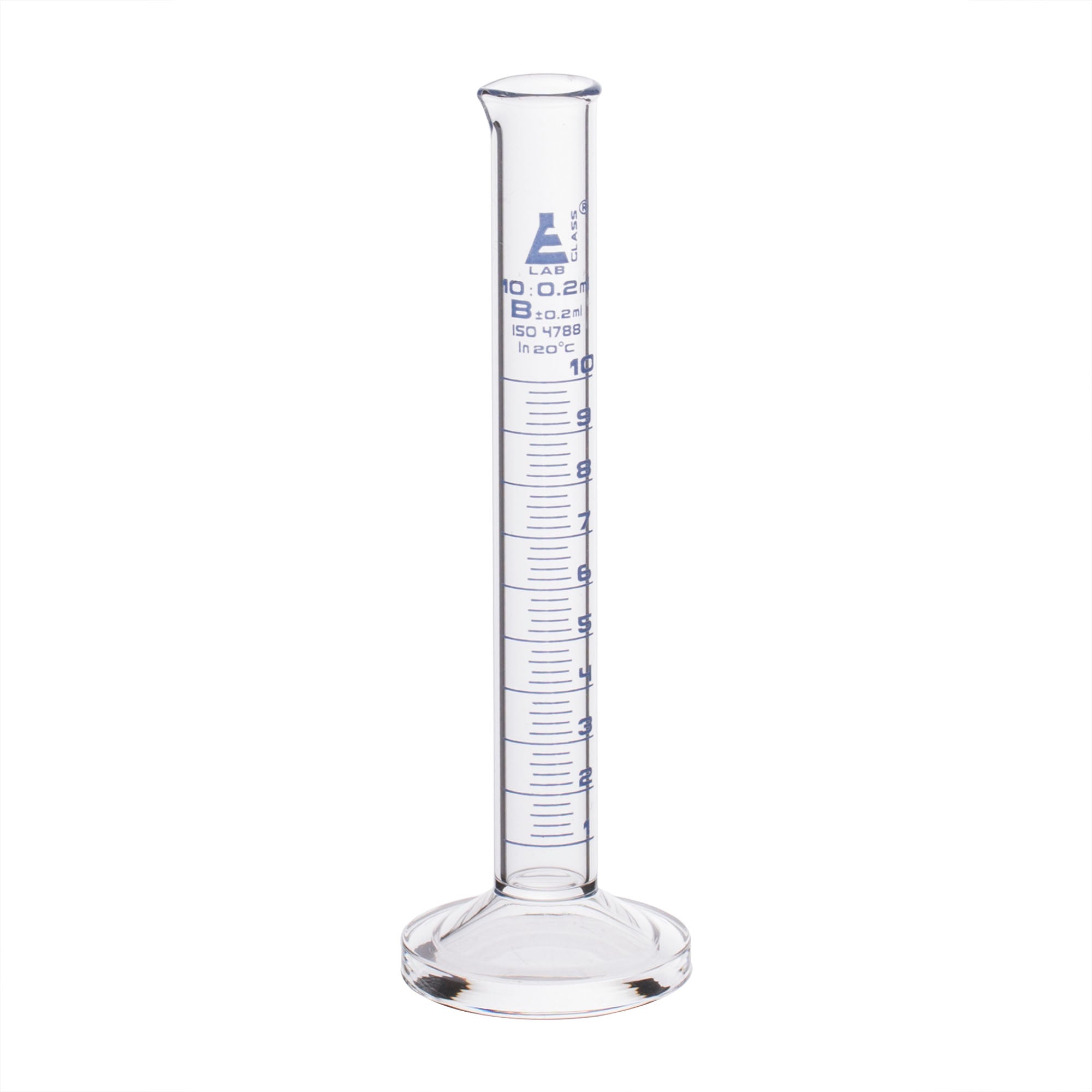 Cylinder Measuring Graduated, cap. 10ml, class 'B', round base with spout, borosilicate glass, Blue Graduation - eiscoindustrial