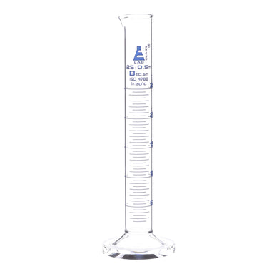 Cylinder Measuring Graduated, cap. 25ml., class 'B', round base with spout, borosilicate glass, Blue Graduation - eiscoindustrial