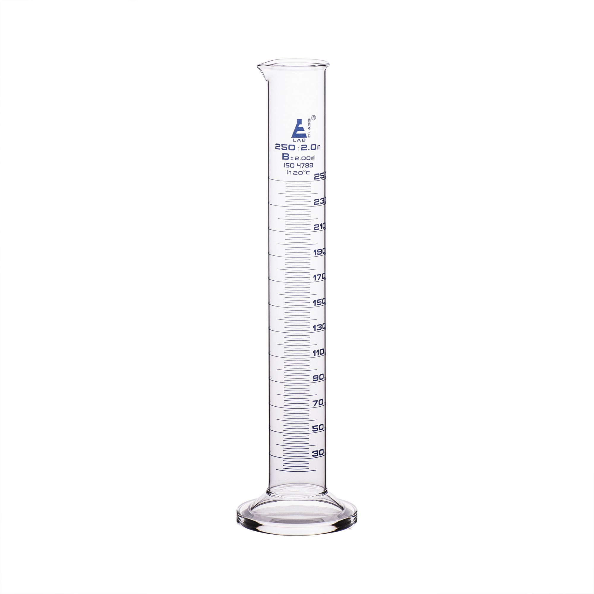 Cylinder Measuring Graduated, cap. 250ml., class 'B', round base with spout, borosilicate glass, Blue Graduation - eiscoindustrial