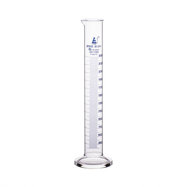 Cylinder Measuring Graduated, cap. 250ml., class 'B', round base with spout, borosilicate glass, Blue Graduation - eiscoindustrial